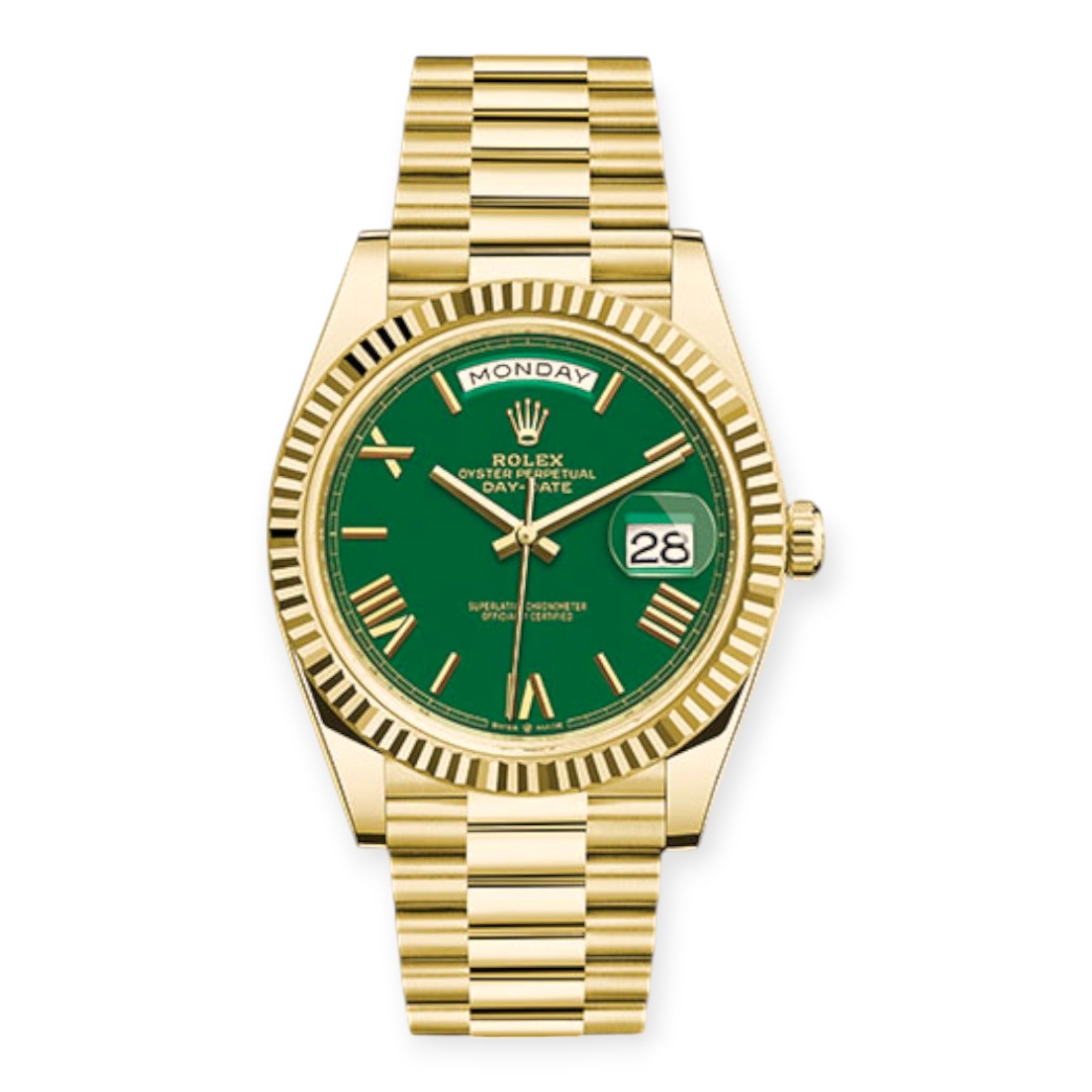 Rolex Yellow Gold Day-Date 40 Watch Green Roman Dial - President Bracelet-Rolex-JD Watches NY