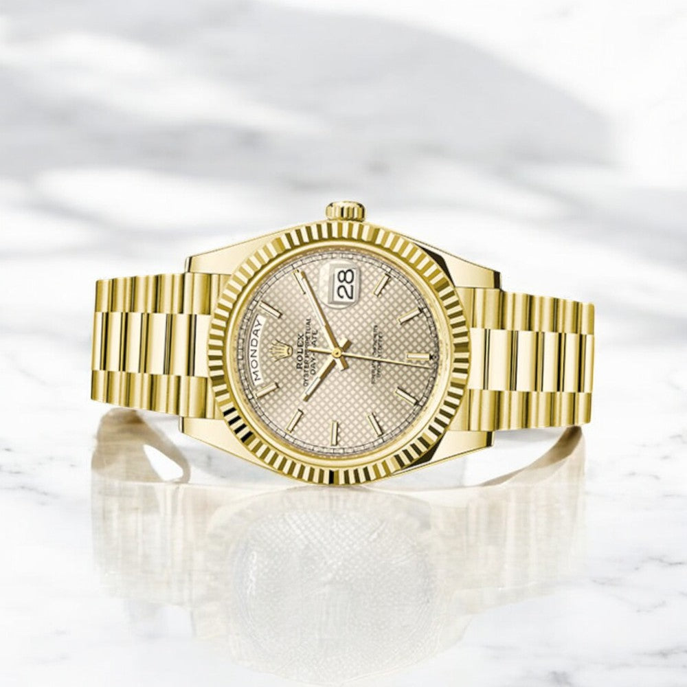 Rolex Yellow Gold Day-Date 40 Watch Silver Diagonal Motif Index Dial - President Bracelet 228238-Rolex-JD Watches NY