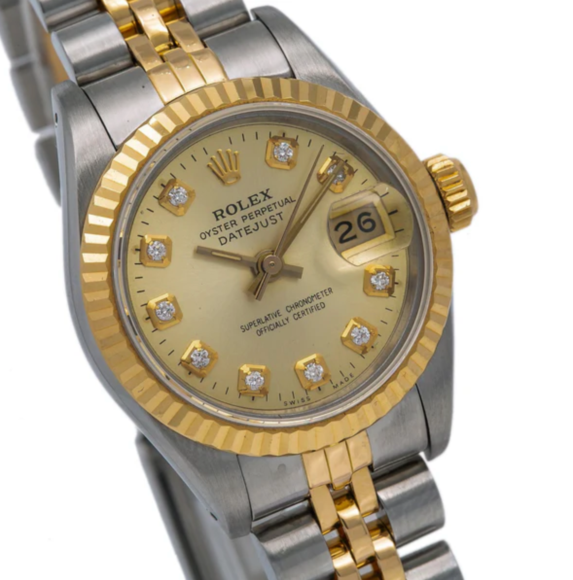 Rolex Lady-Datejust 26mm – 69173, Champagne Diamond Dial, 18k Yellow Gold & Stainless Steel Jubilee Bracelet