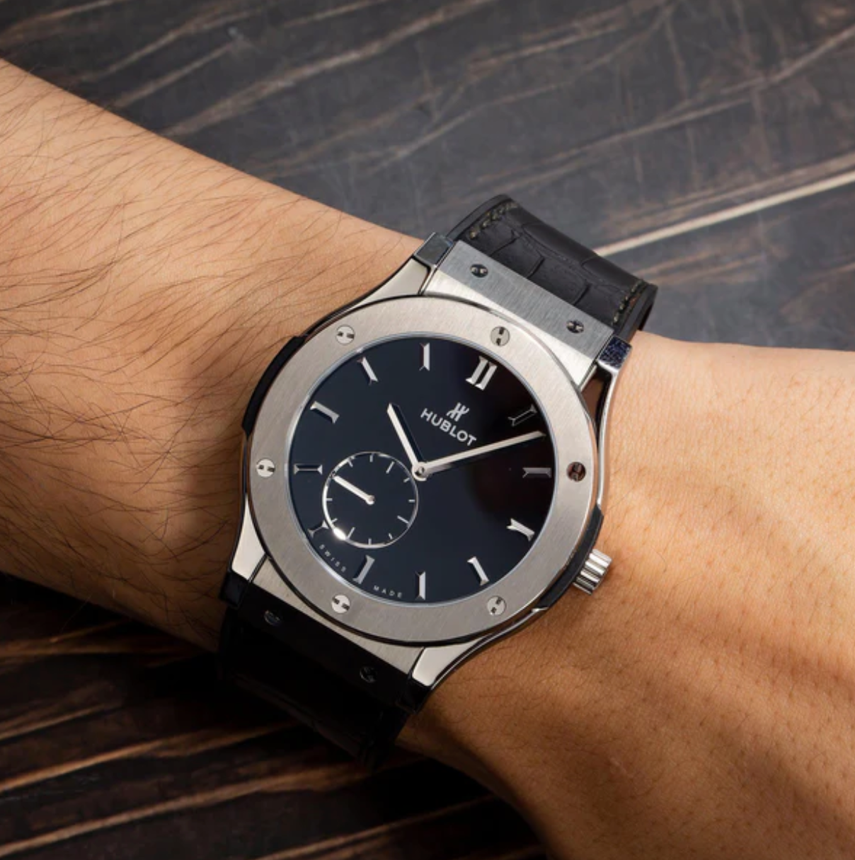 Hublot Classic Fusion Ultra-Thin 515.NX.1270.LR – Titanium 45mm with Black Dial and Leather Strap
