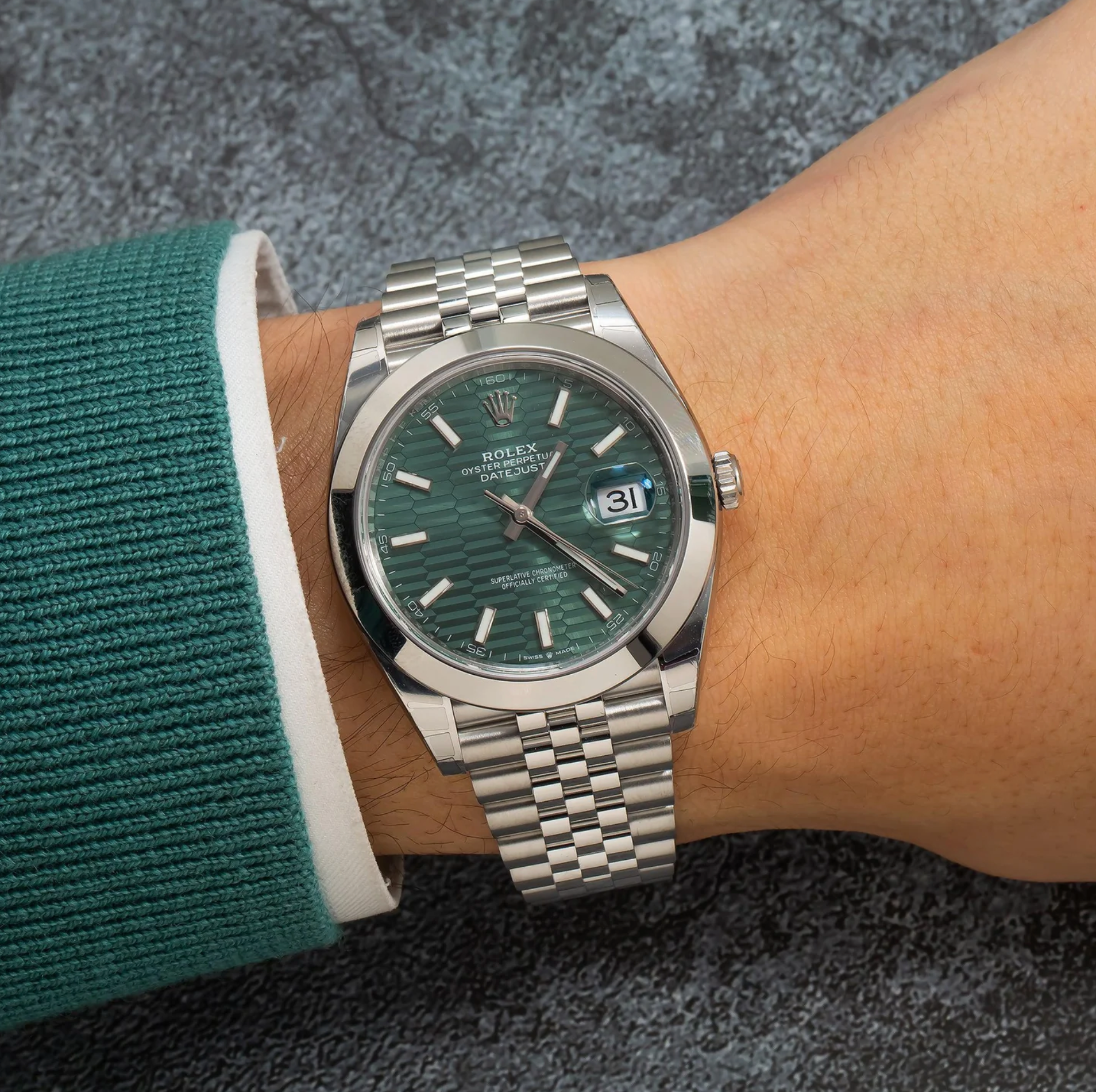 Rolex Datejust 41 – Oystersteel with Mint Green Fluted Motif Dial and Jubilee Bracelet Ref. 126300