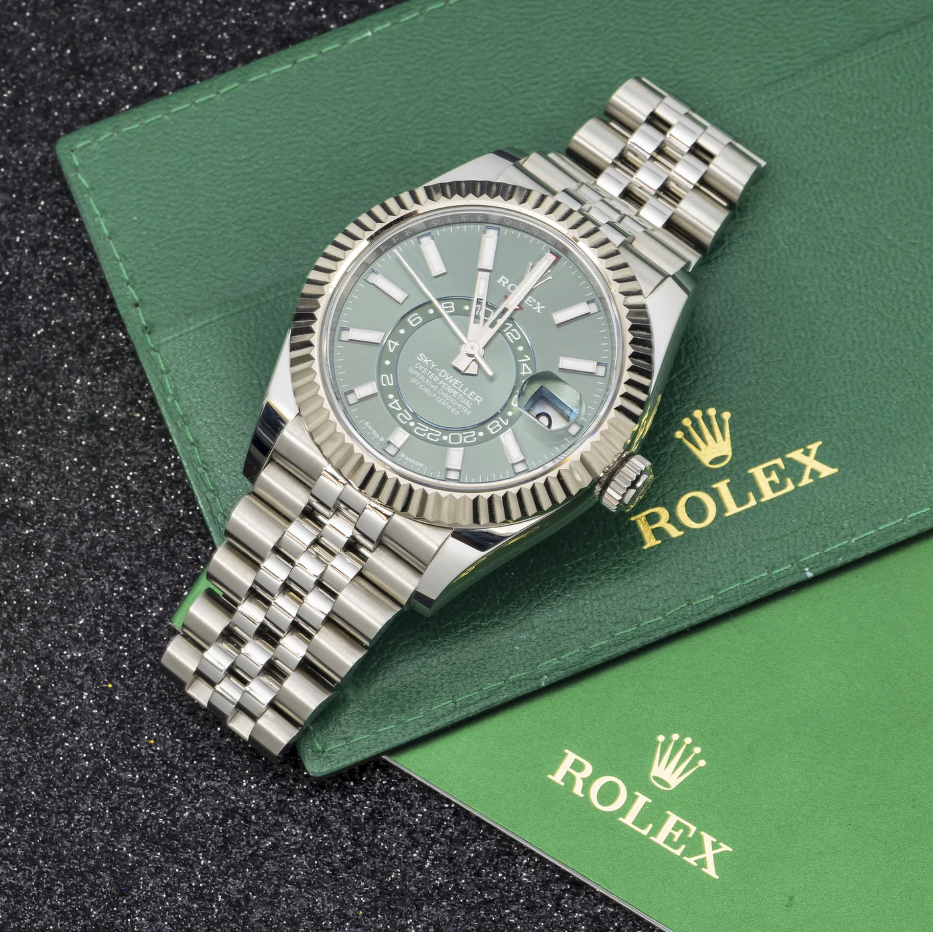Rolex Sky-Dweller – Stainless Steel with Green Dial and Fluted Bezel on Jubilee Bracelet Ref. 336934