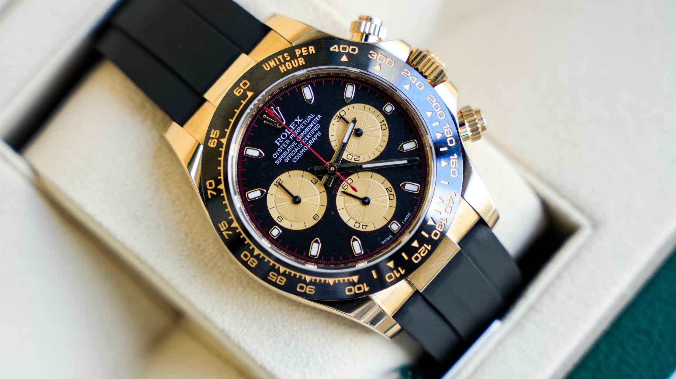 Rolex Cosmograph Daytona – 18k Yellow Gold with Black Dial and Oysterflex Bracelet Ref. 116518LN