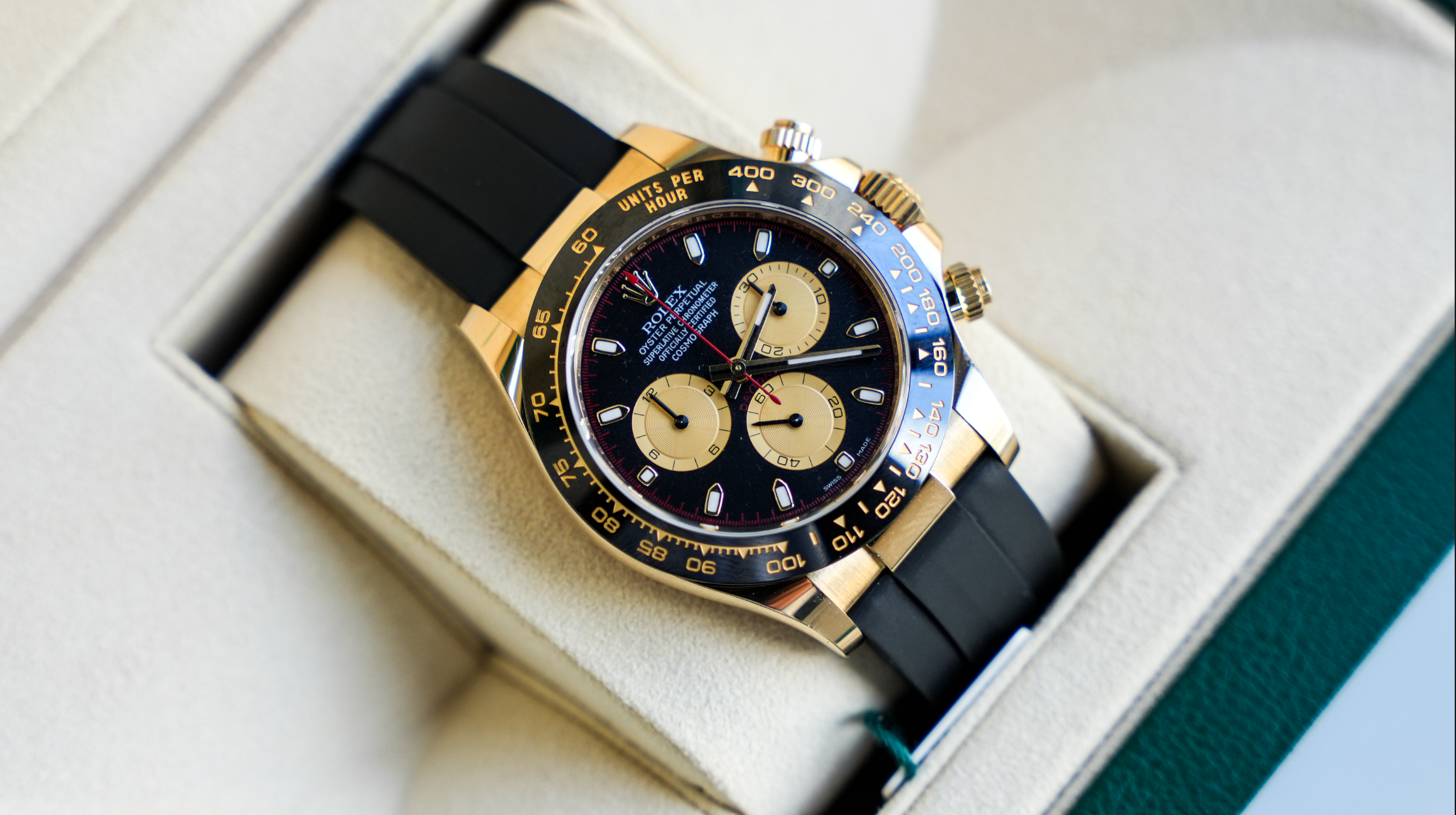 Rolex Cosmograph Daytona – 18k Yellow Gold with Black Dial and Oysterflex Bracelet Ref. 116518LN