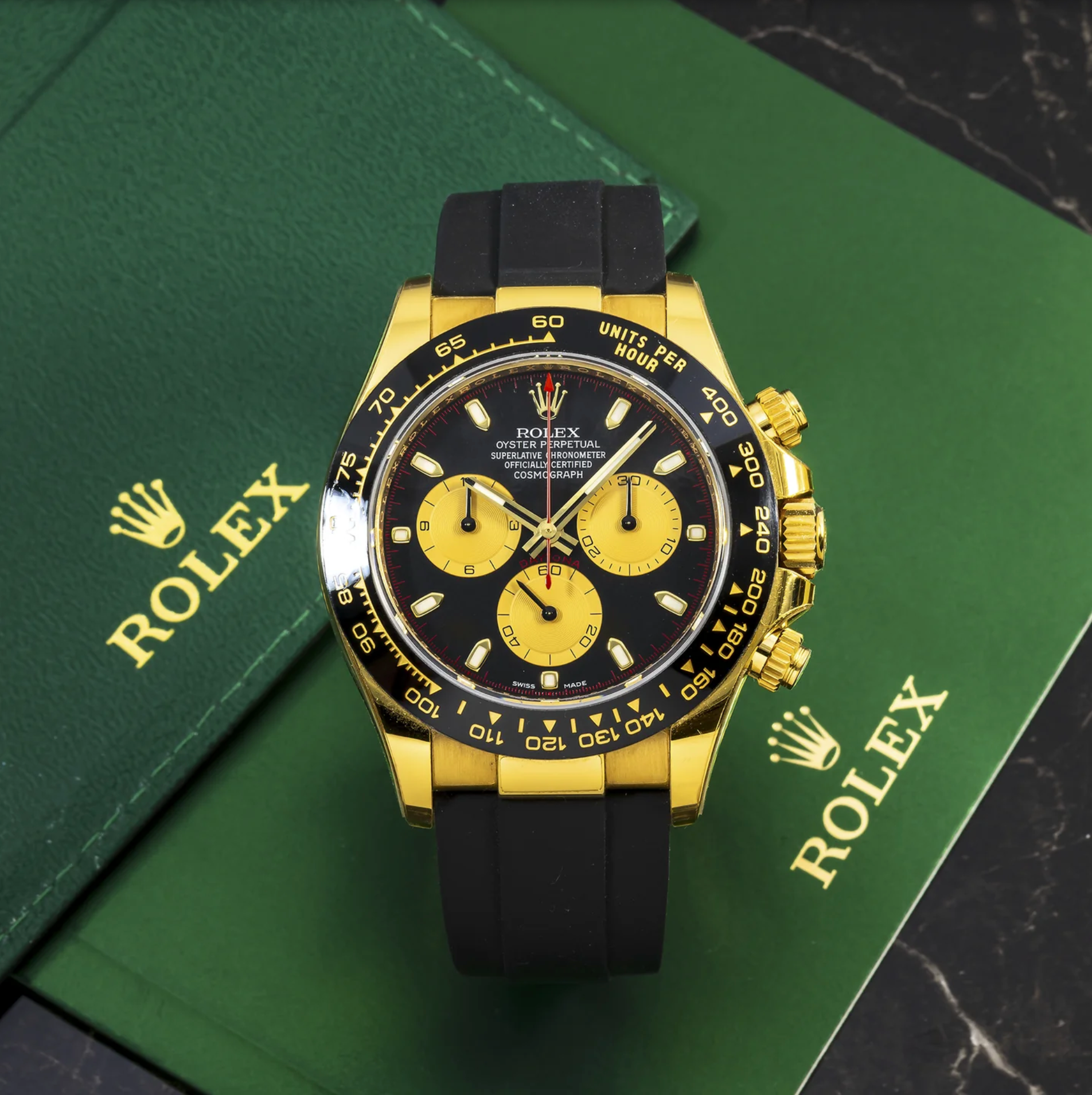 Rolex Cosmograph Daytona – 18k Yellow Gold with Black Dial and Oysterflex Bracelet Ref. 116518LN
