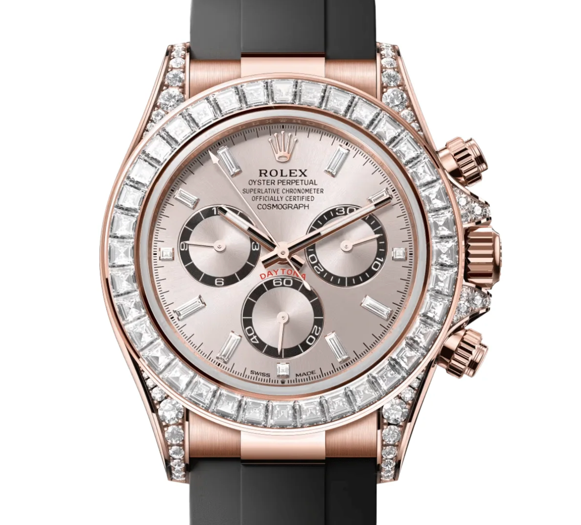 Rolex Cosmograph Daytona 126535TBR – 18k Everose Gold – Sundust Diamond Dial – Diamond Bezel – Oysterflex