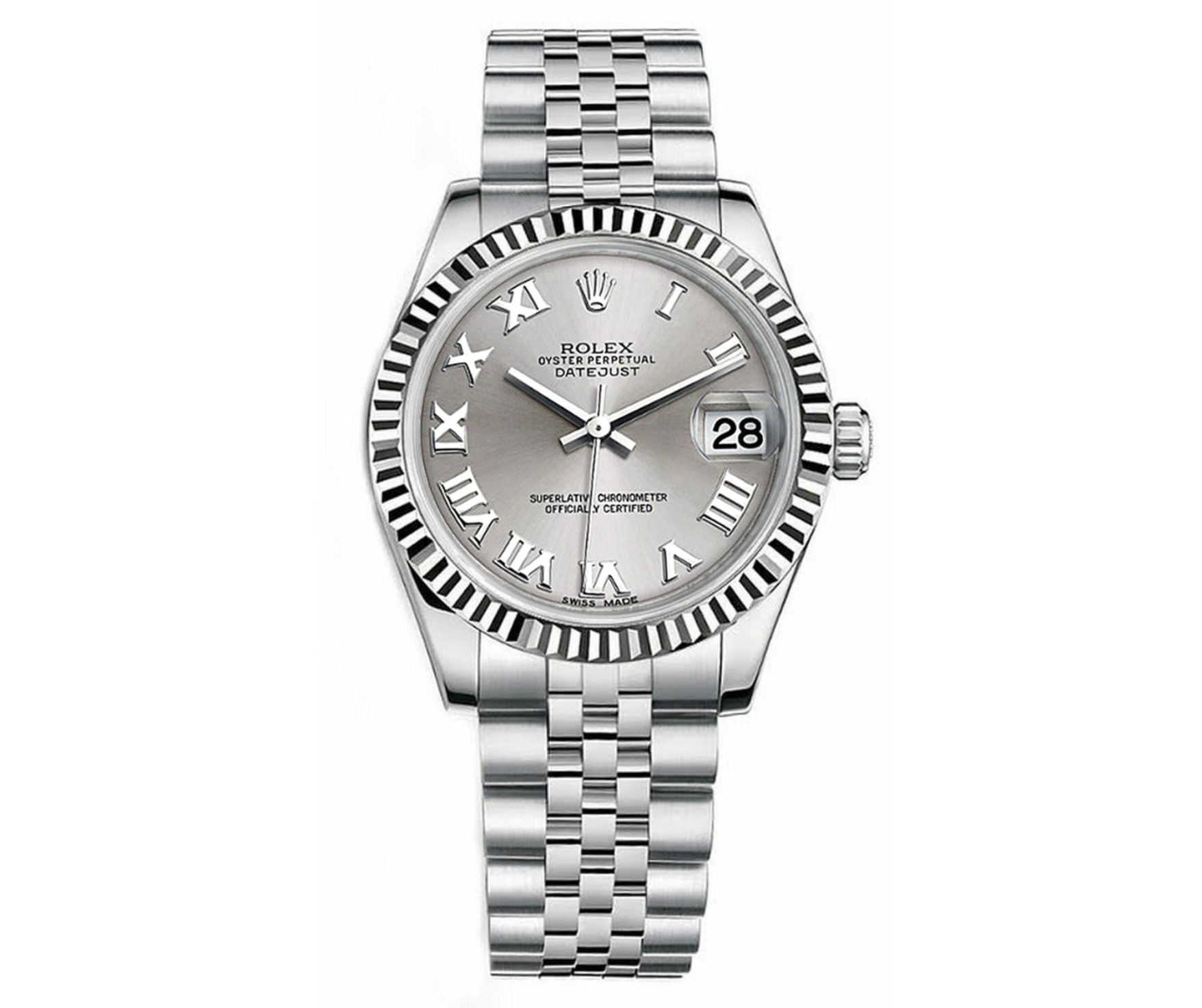Rolex Datejust 31mm – Stainless Steel with Silver Roman Dial & White Gold Fluted Bezel | Ref. 178274