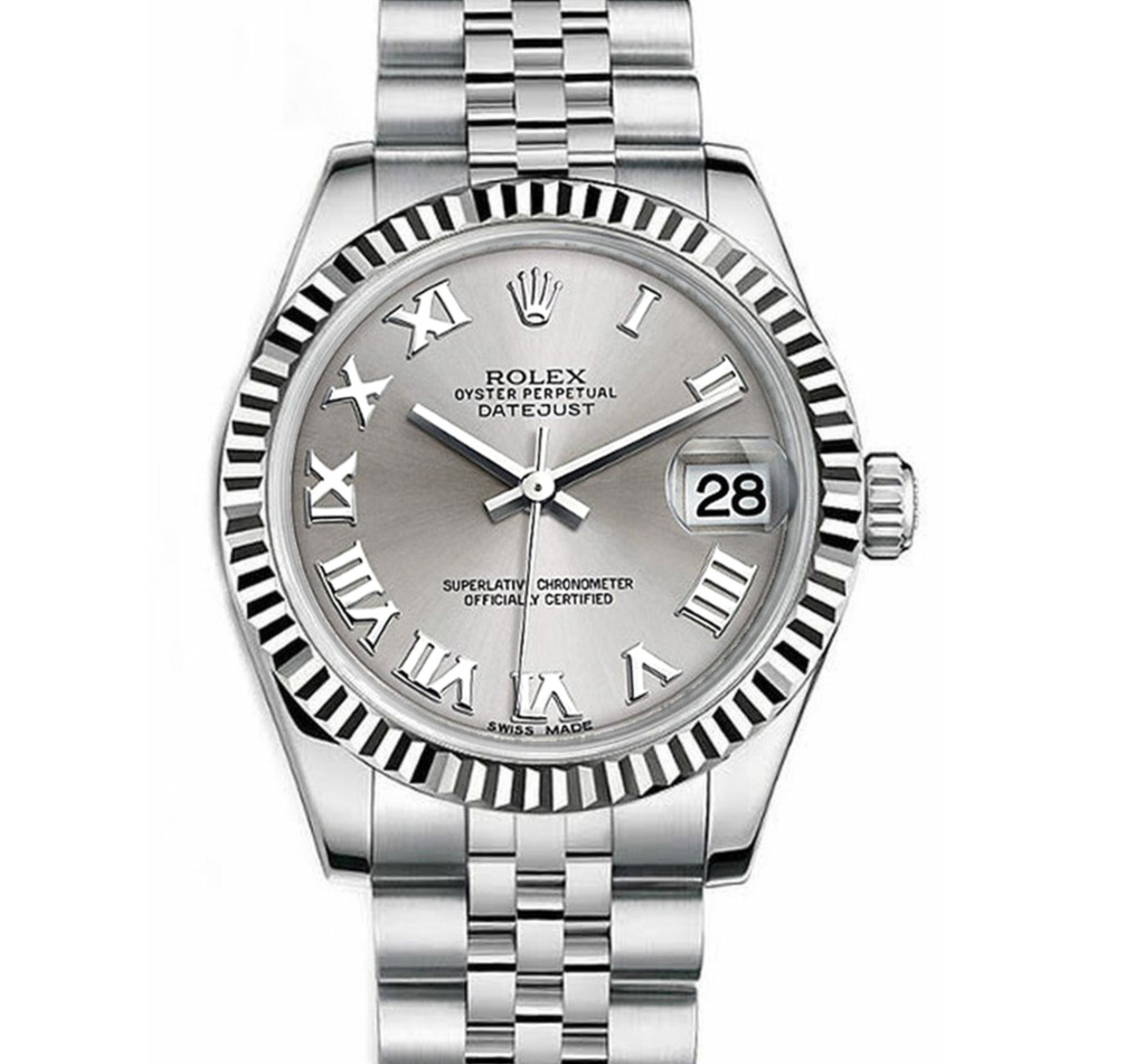 Rolex Datejust 31mm – Stainless Steel with Silver Roman Dial & White Gold Fluted Bezel | Ref. 178274