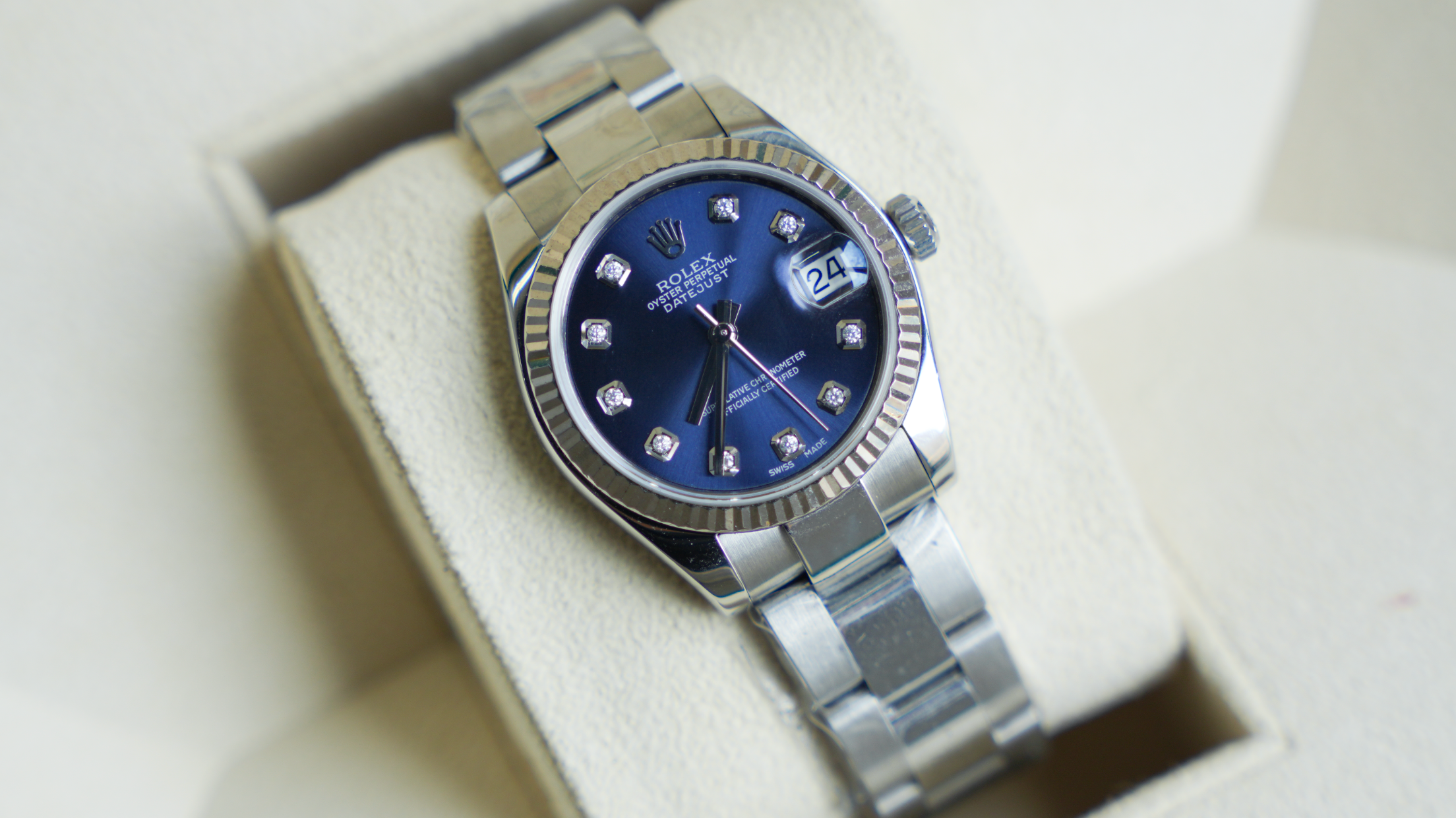 Rolex Datejust 31 – Blue Diamond Dial with White Gold Fluted Bezel | Ref. 178274