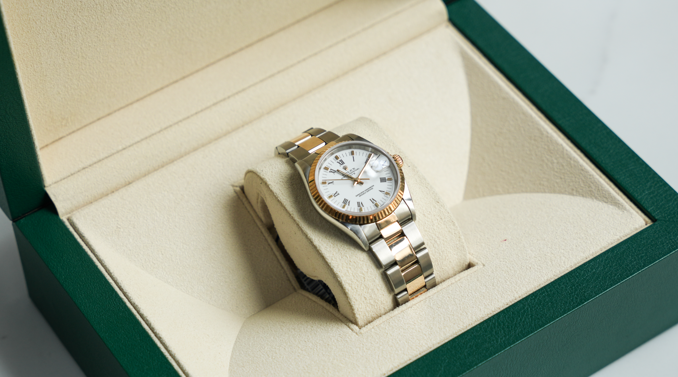 Rolex Oyster Perpetual Date 34mm – Steel & 18k Yellow Gold with White Dial | Ref. 15223
