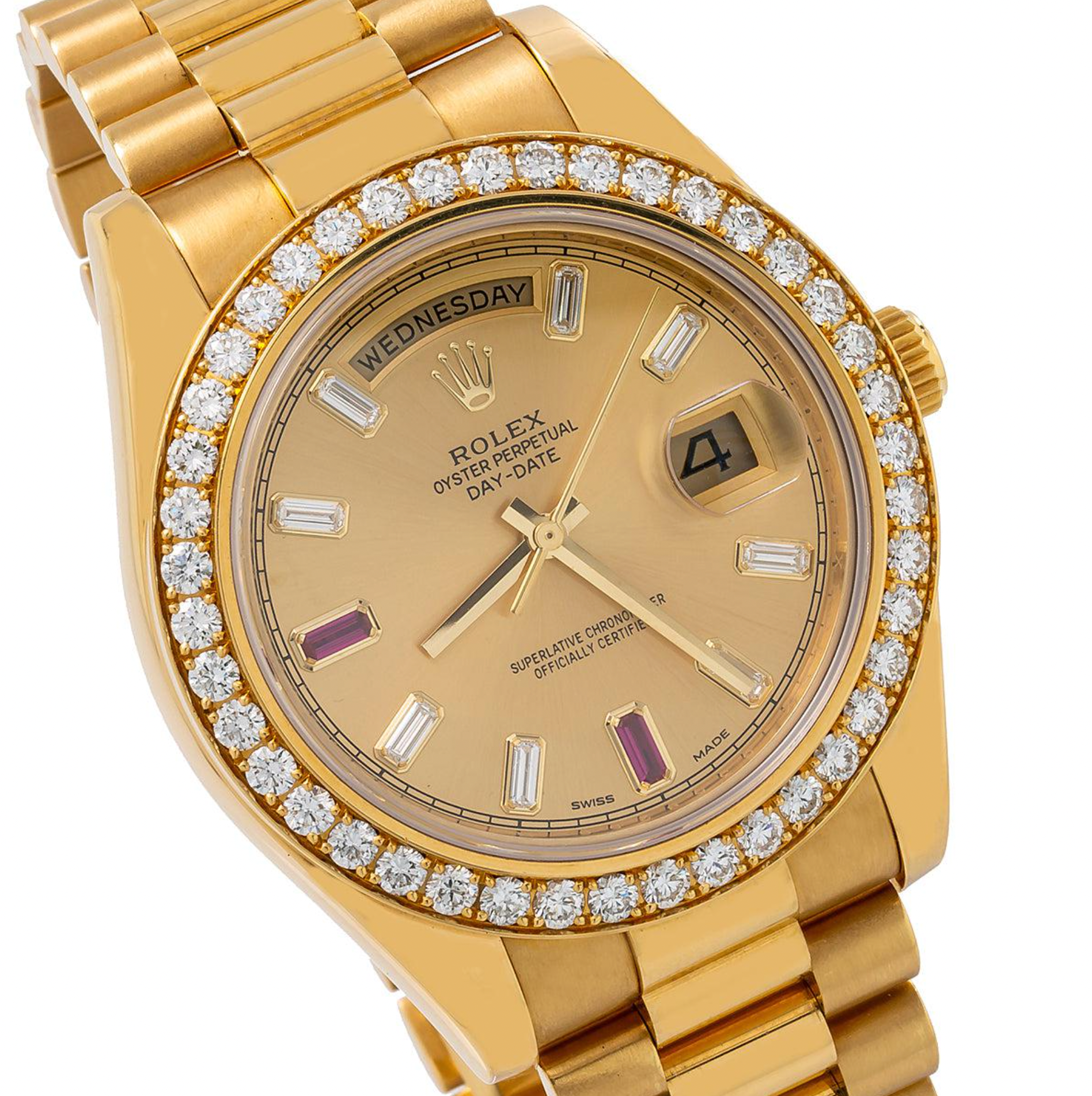 Rolex Day-Date II 41MM 218348 Champagne Baguette Diamond Dial Diamond Bezel 18K Yellow Gold President Bracelet