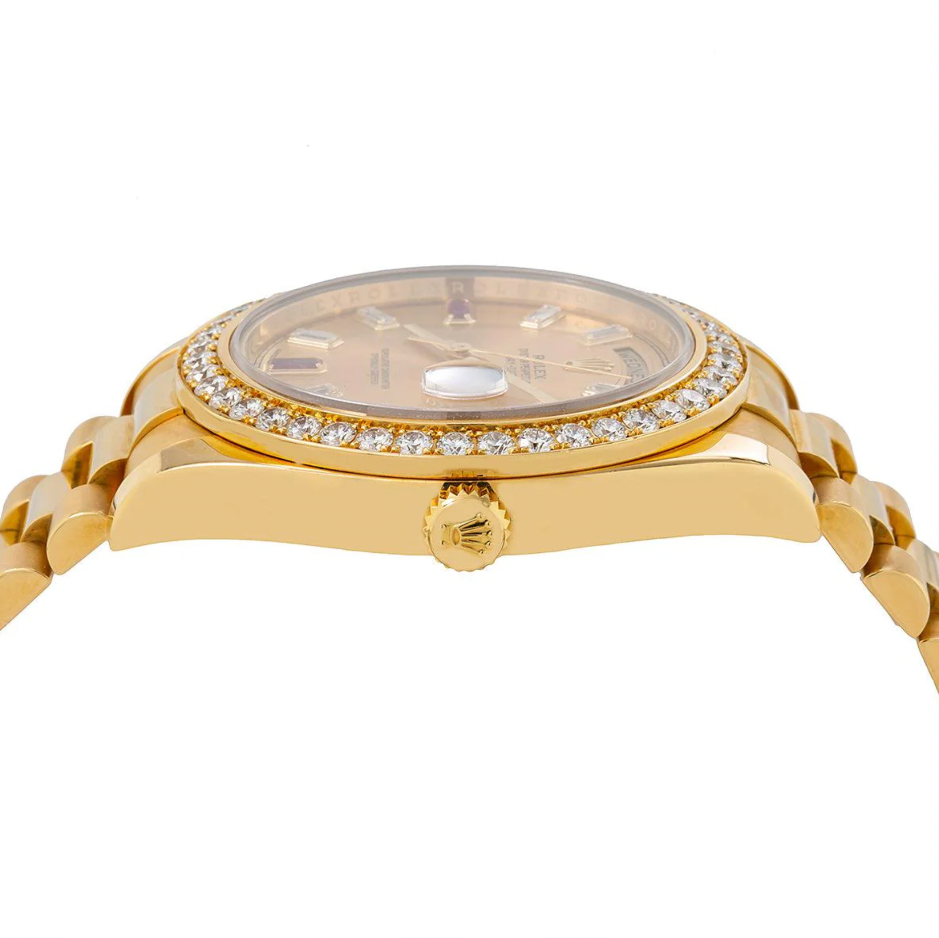 Rolex Day-Date II 41MM 218348 Champagne Baguette Diamond Dial Diamond Bezel 18K Yellow Gold President Bracelet