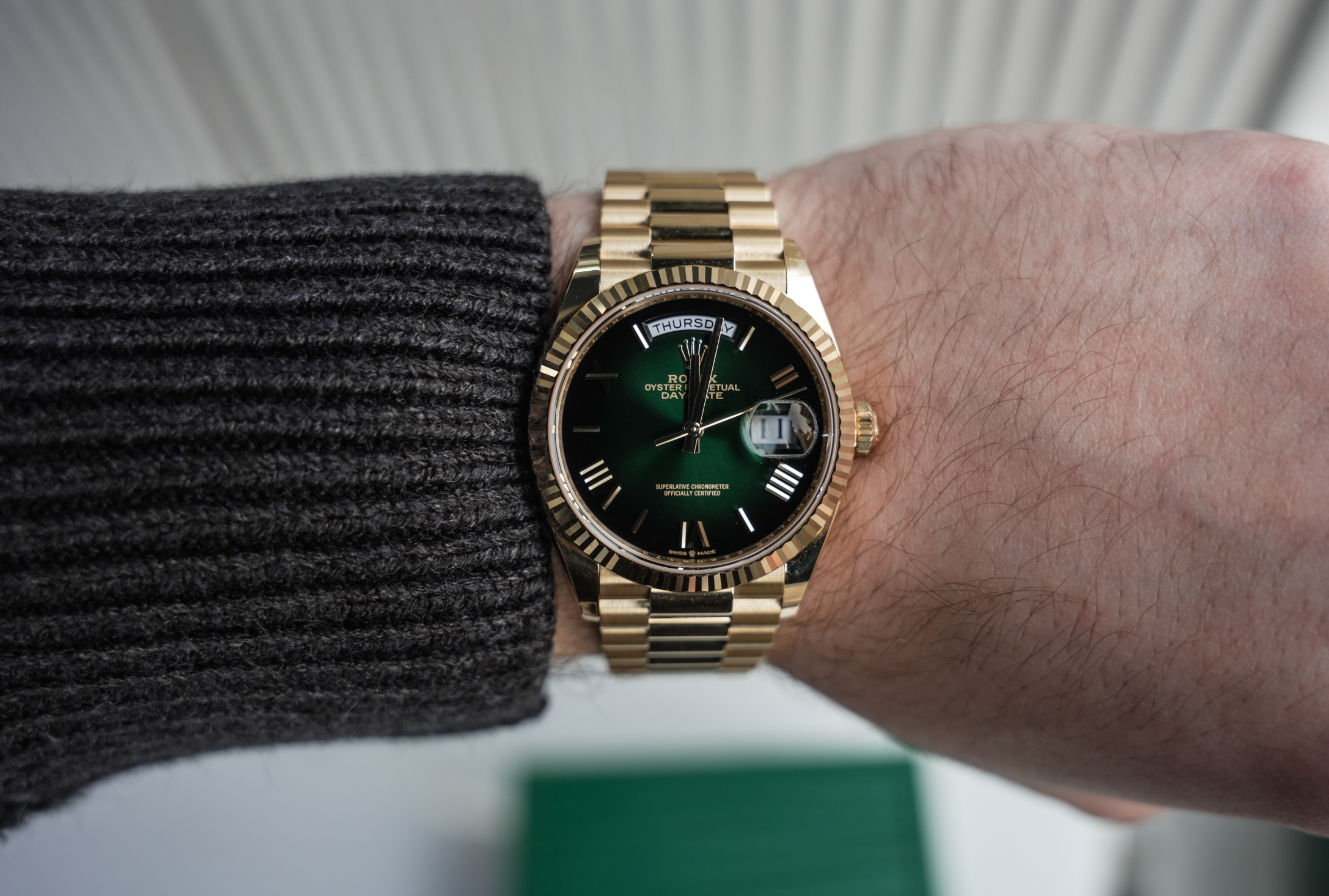 Rolex Day-Date 36mm Yellow Gold Green Ombre Roman Numeral Dial – Ref. 128238