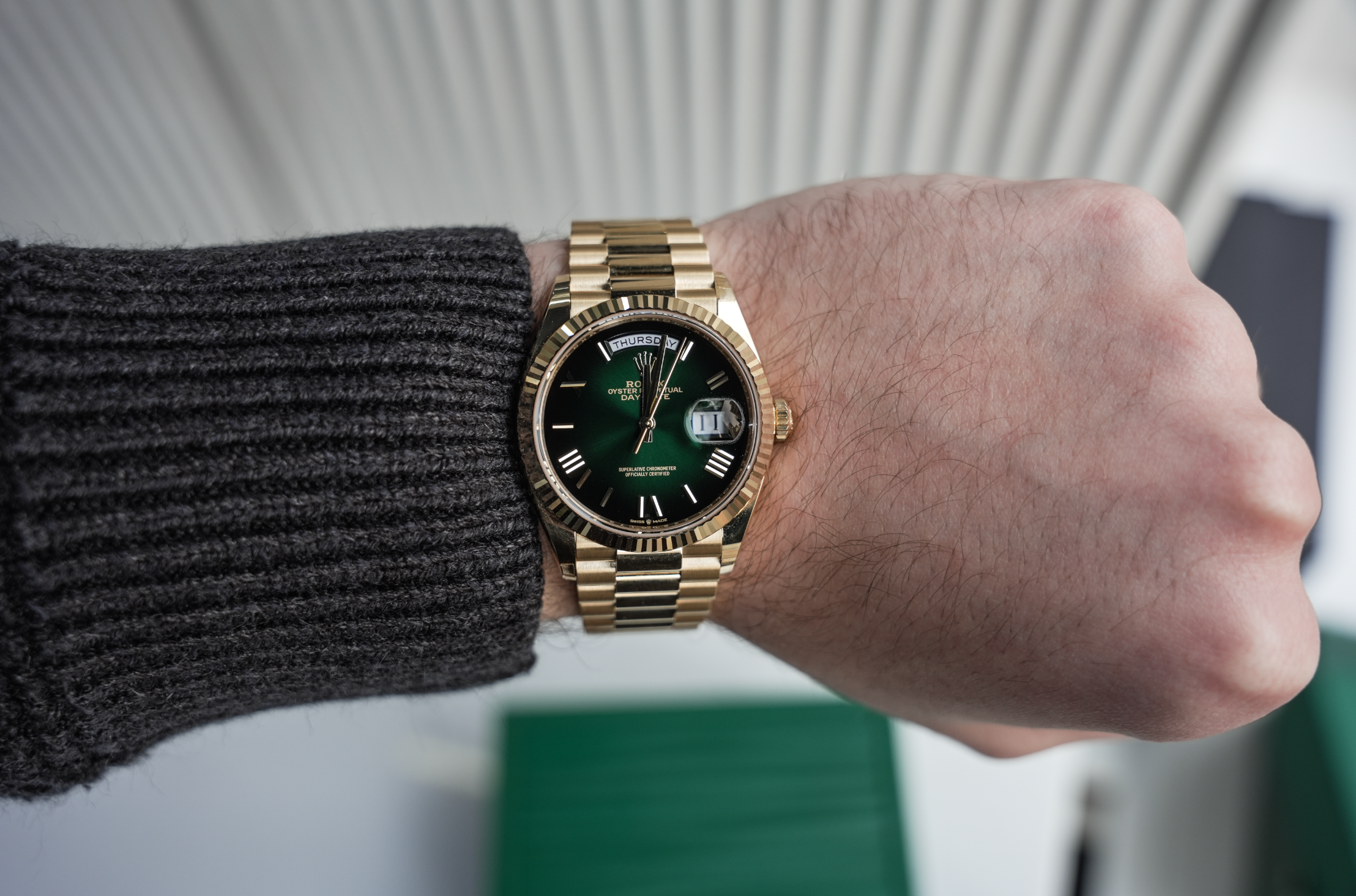 Rolex Day-Date 36mm Yellow Gold Green Ombre Roman Numeral Dial – Ref. 128238