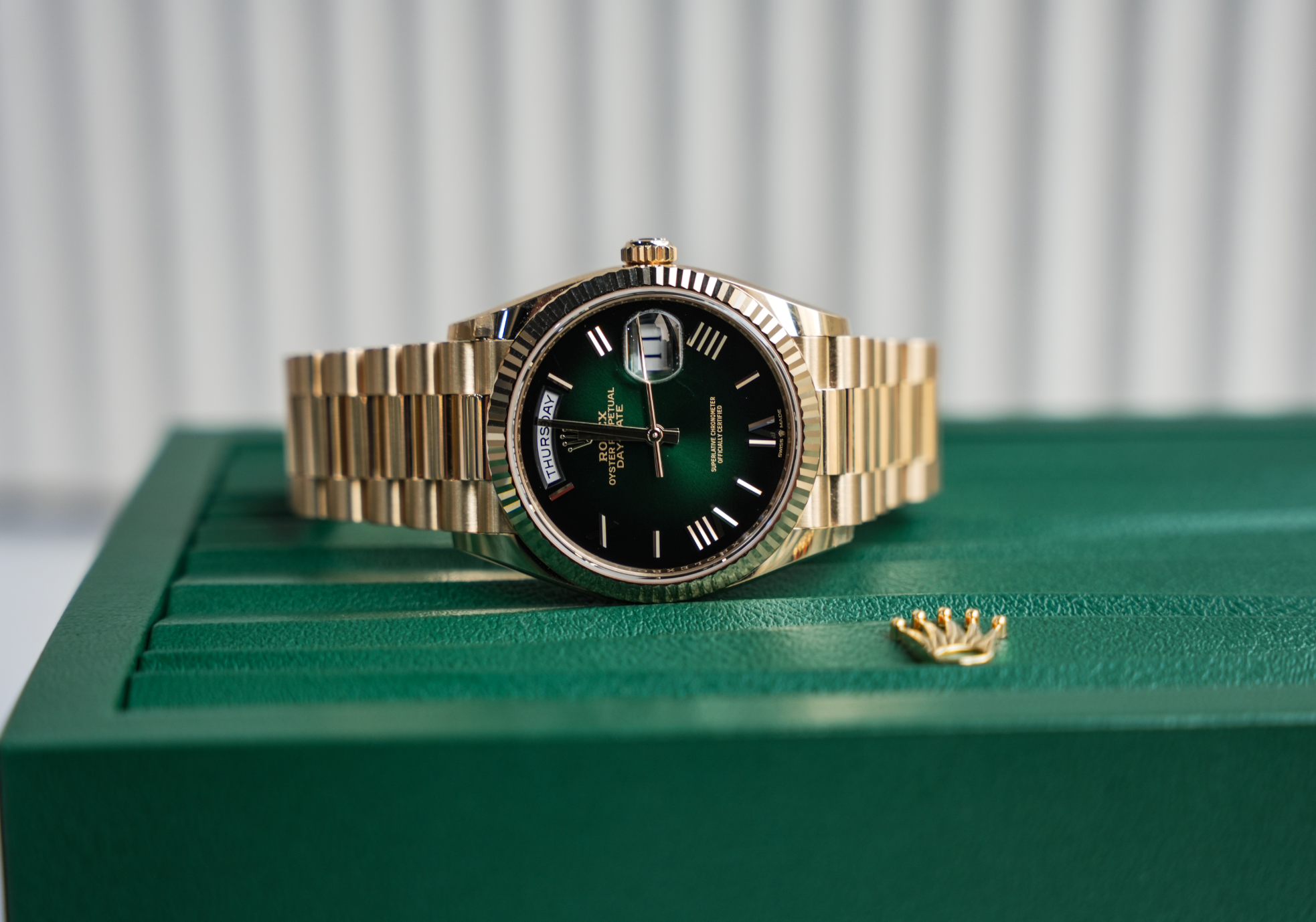 Rolex Day-Date 36mm Yellow Gold Green Ombre Roman Numeral Dial – Ref. 128238