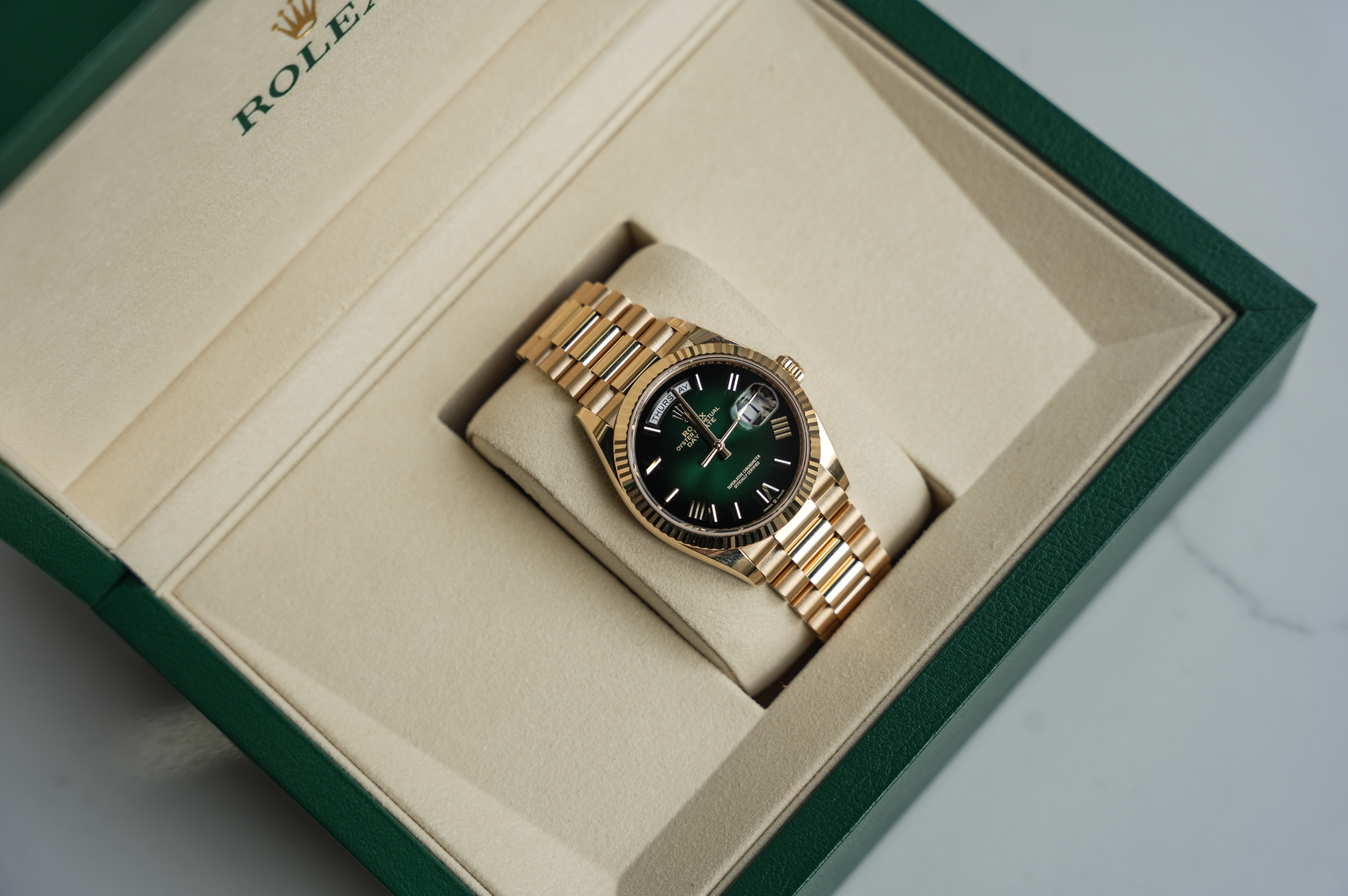 Rolex Day-Date 36mm Yellow Gold Green Ombre Roman Numeral Dial – Ref. 128238