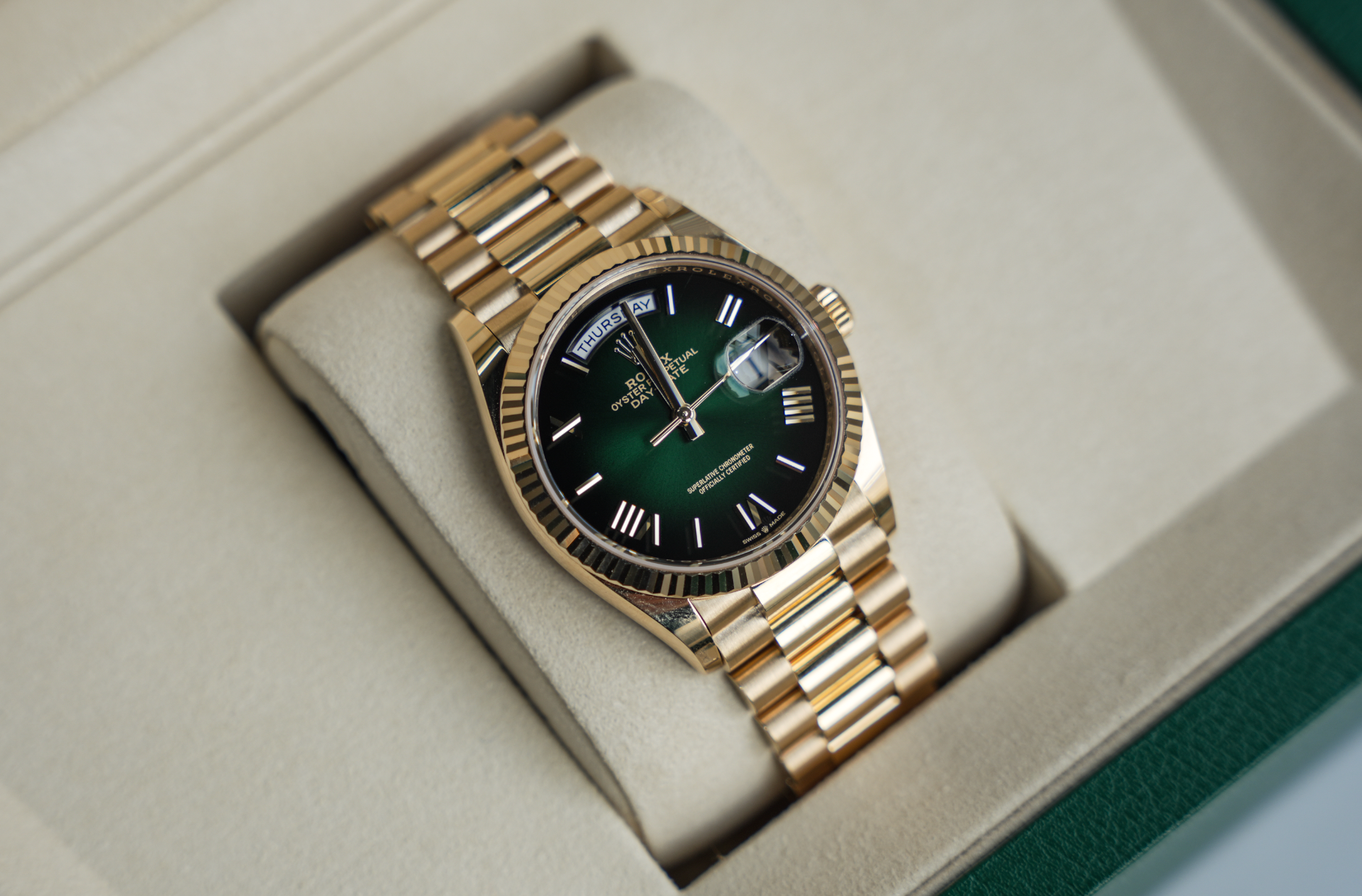 Rolex Day-Date 36mm Yellow Gold Green Ombre Roman Numeral Dial – Ref. 128238