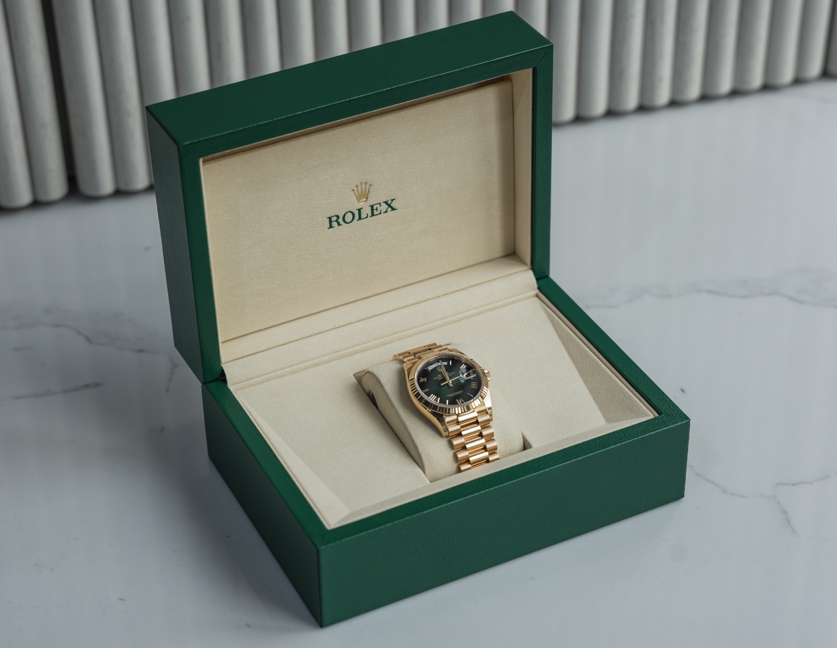 Rolex Day-Date 36mm Yellow Gold Green Ombre Roman Numeral Dial – Ref. 128238