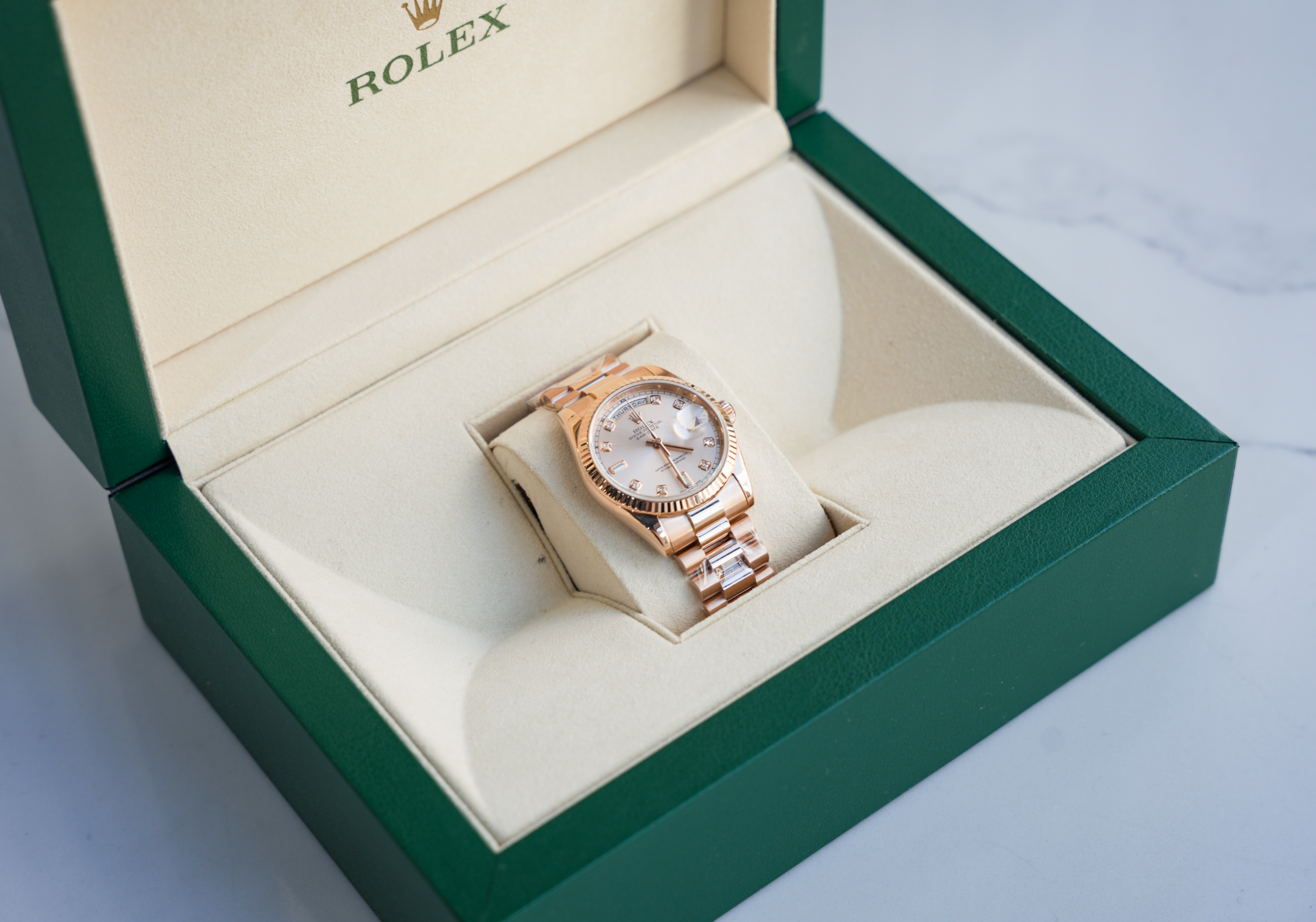 Rolex Day-Date 36 118235 Everose Gold Pink Dial Diamond Hour Markers President Bracelet