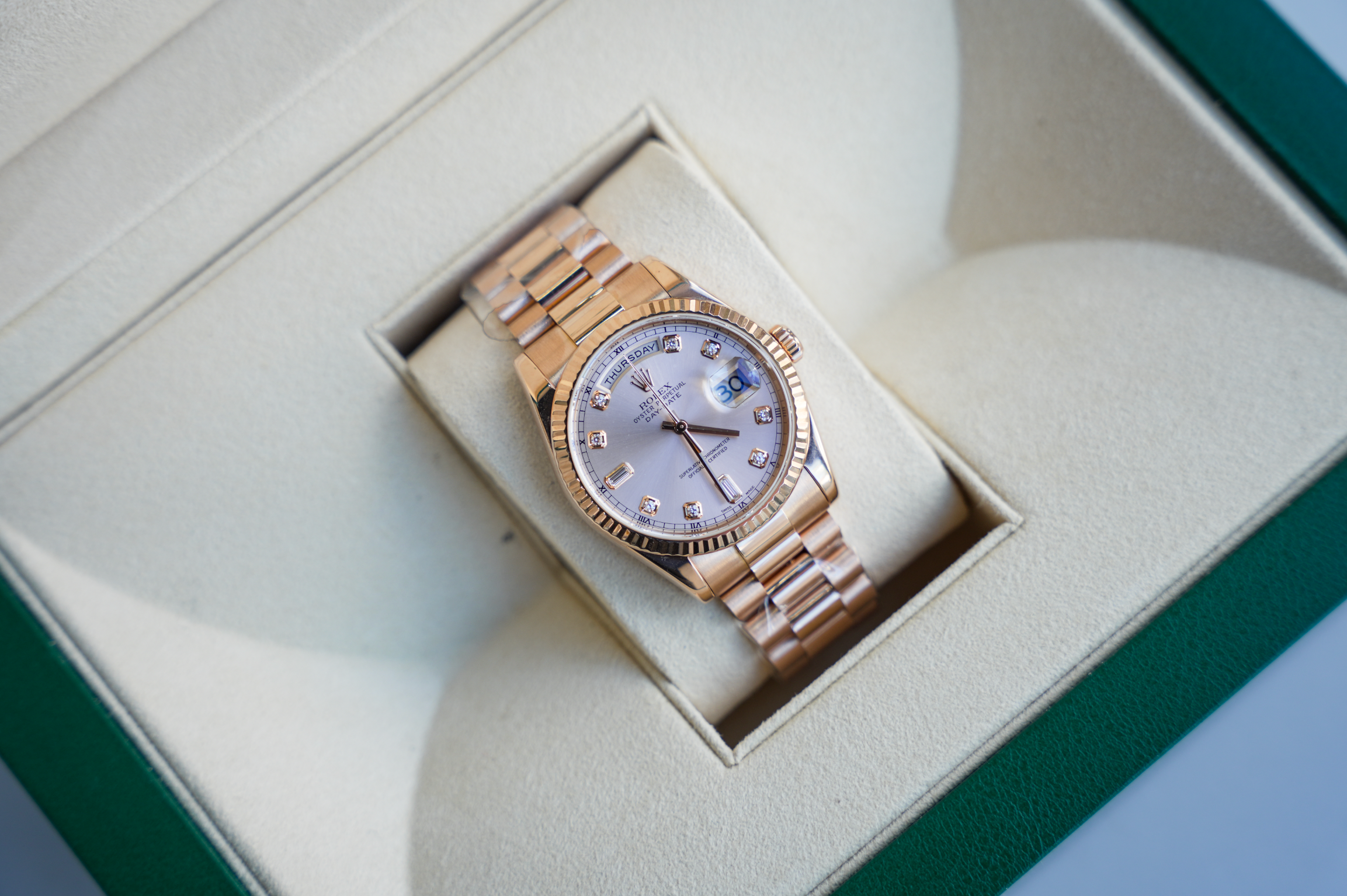 Rolex Day-Date 36 118235 Everose Gold Pink Dial Diamond Hour Markers President Bracelet