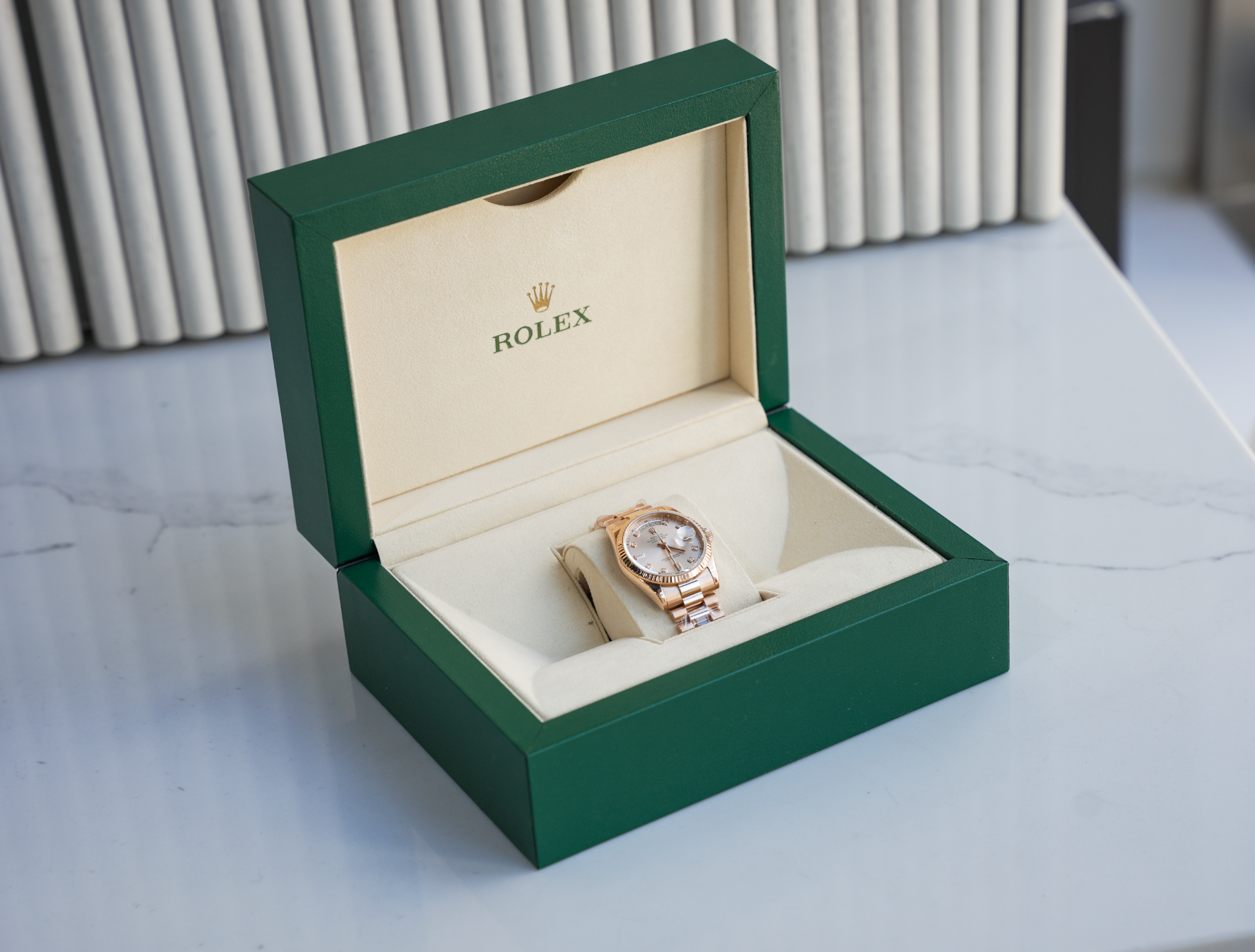 Rolex Day-Date 36 118235 Everose Gold Pink Dial Diamond Hour Markers President Bracelet