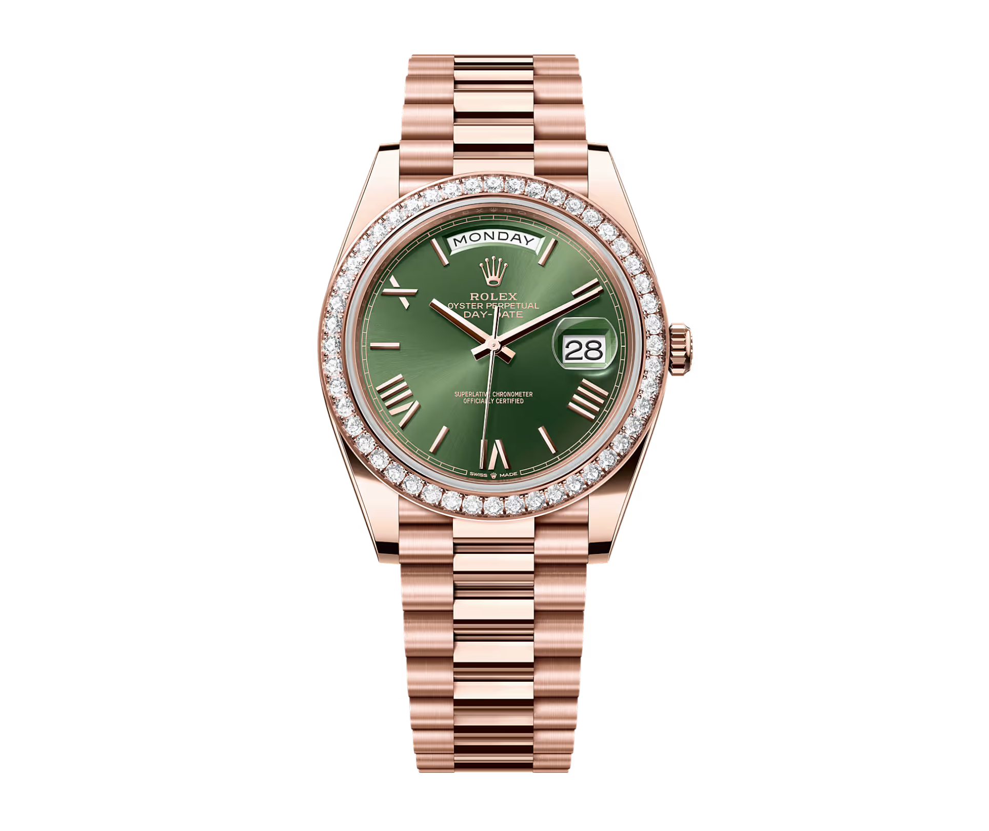 Rolex Day-Date 40 228345RBR Everose Gold Green Dial Diamond Bezel President Bracelet