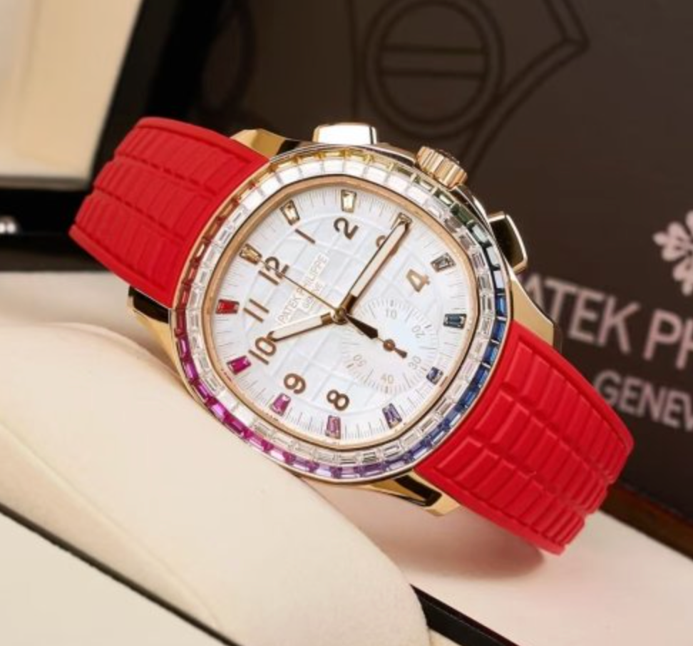 Patek Philippe Aquanaut Luce Rainbow Chronograph 7968/300R-001 Silver Dial Rose Gold Red Strap