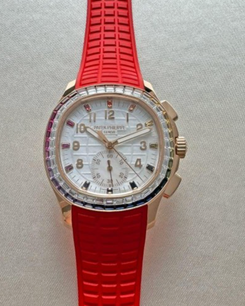 Patek Philippe Aquanaut Luce Rainbow Chronograph 7968/300R-001 Silver Dial Rose Gold Red Strap