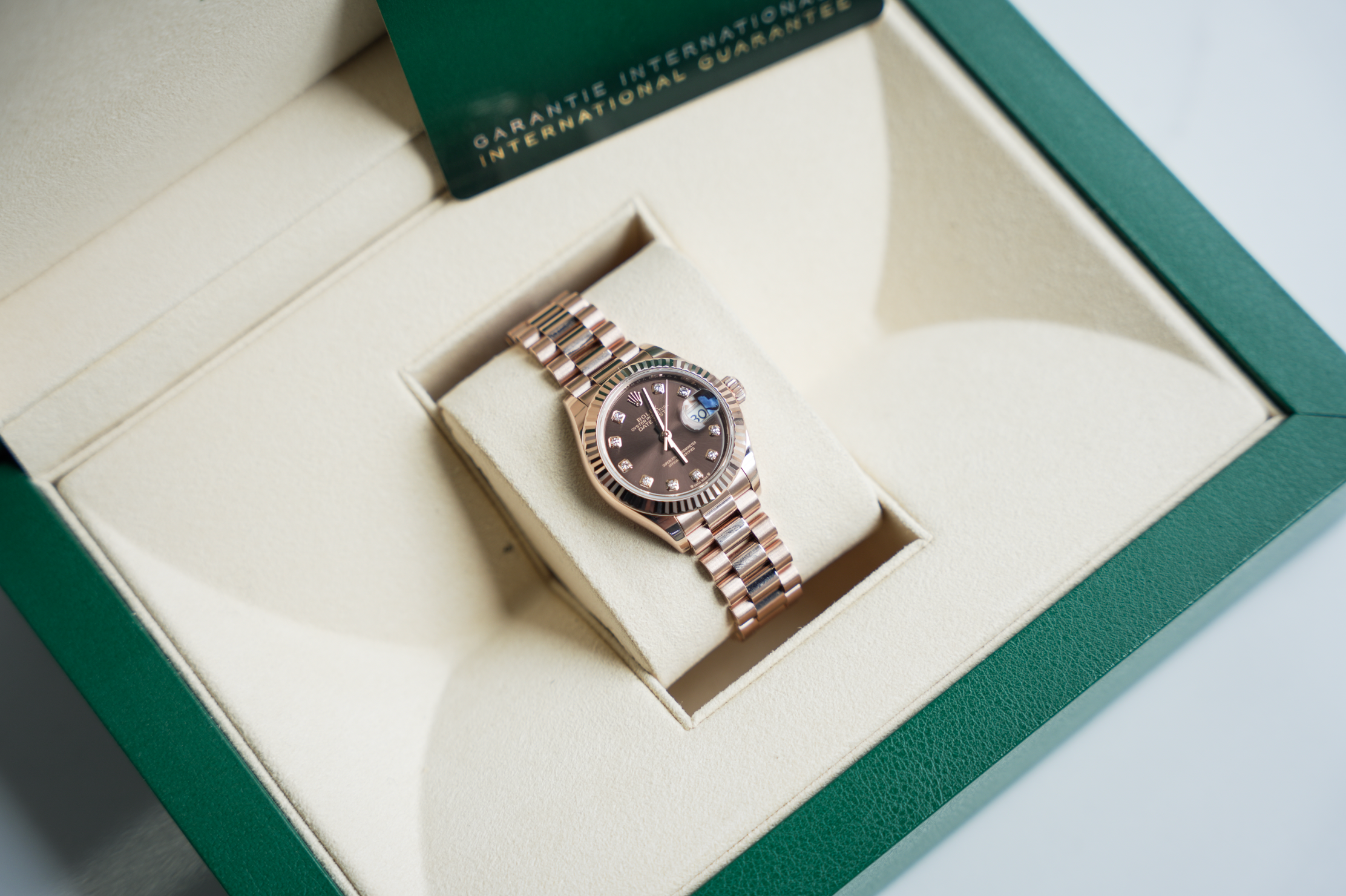 Rolex Datejust 28 Everose Gold Chocolate Diamond Dial Jubilee Bracelet 279175
