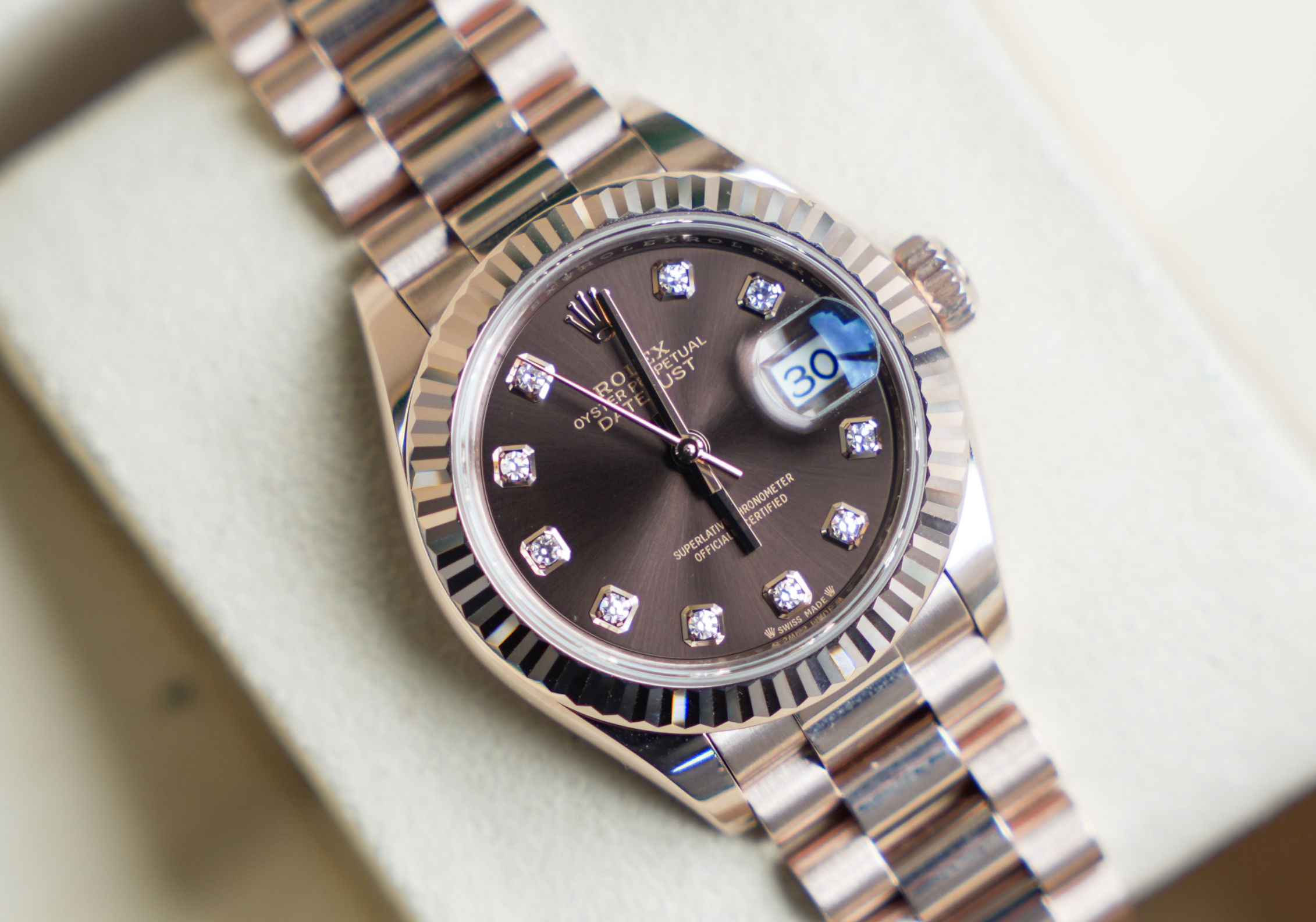 Rolex Datejust 28 Everose Gold Chocolate Diamond Dial Jubilee Bracelet 279175