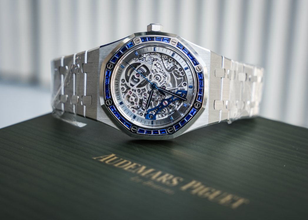 Audemars Piguet Royal Oak Double Balance Wheel Openworked White Gold Blue Sapphire Bezel 41mm 15412BC