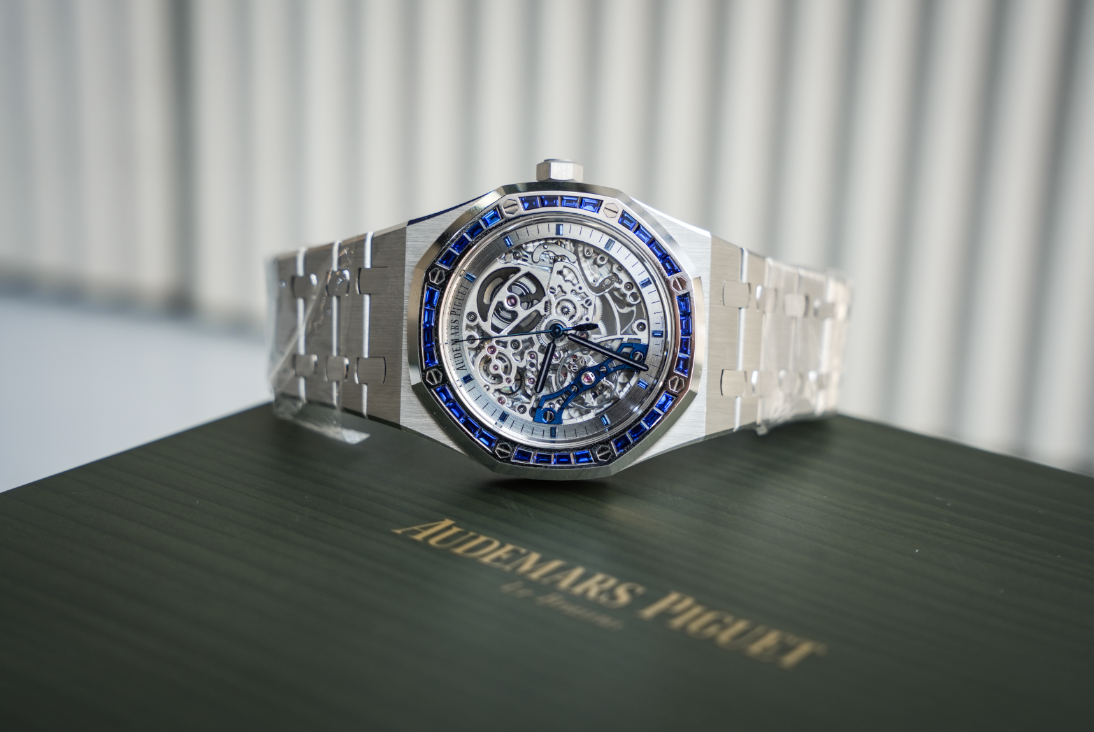 Audemars Piguet Royal Oak Double Balance Wheel Openworked White Gold Blue Sapphire Bezel 41mm 15412BC