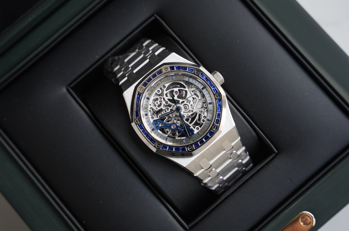 Audemars Piguet Royal Oak Double Balance Wheel Openworked White Gold Blue Sapphire Bezel 41mm 15412BC