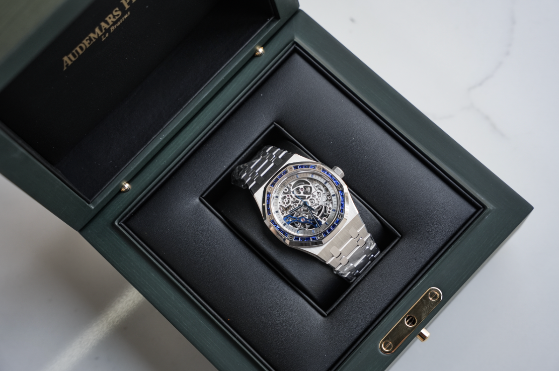 Audemars Piguet Royal Oak Double Balance Wheel Openworked White Gold Blue Sapphire Bezel 41mm 15412BC