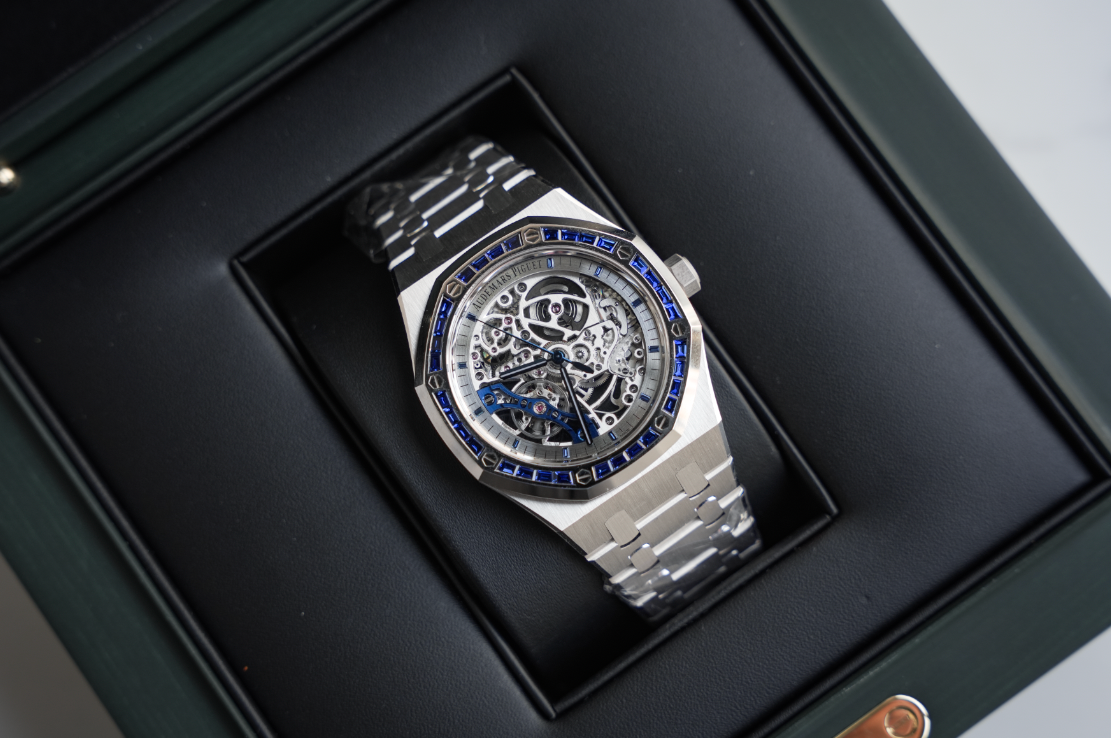 Audemars Piguet Royal Oak Double Balance Wheel Openworked White Gold Blue Sapphire Bezel 41mm 15412BC