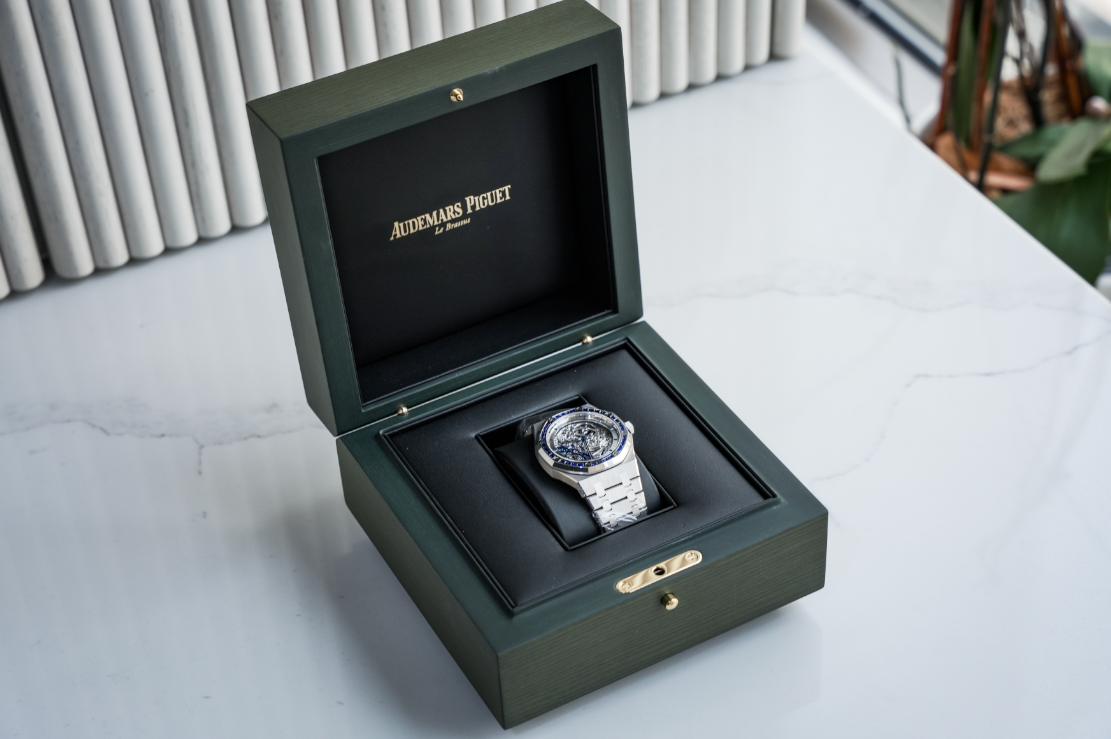 Audemars Piguet Royal Oak Double Balance Wheel Openworked White Gold Blue Sapphire Bezel 41mm 15412BC