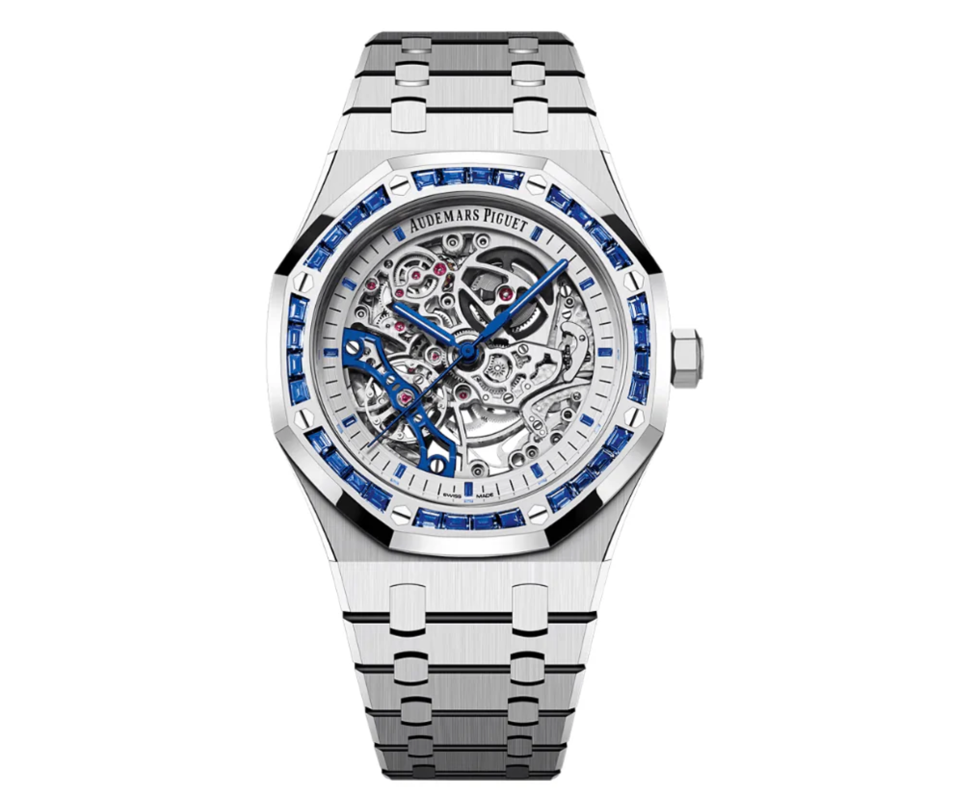 Audemars Piguet Royal Oak Double Balance Wheel Openworked White Gold Blue Sapphire Bezel 41mm 15412BC