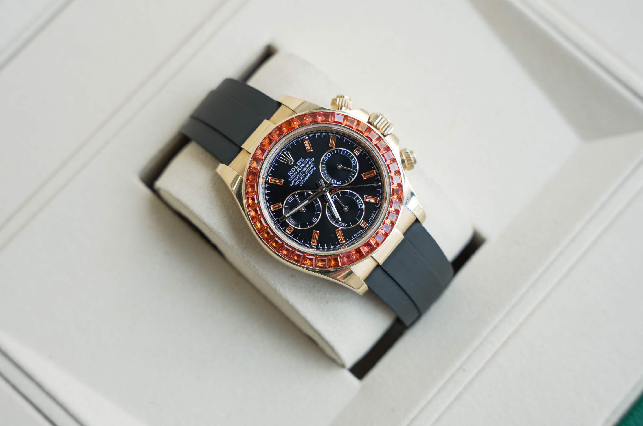Rolex Daytona 116588SACO Yellow Gold Orange Sapphire Bezel Black Diamond Dial Oysterflex