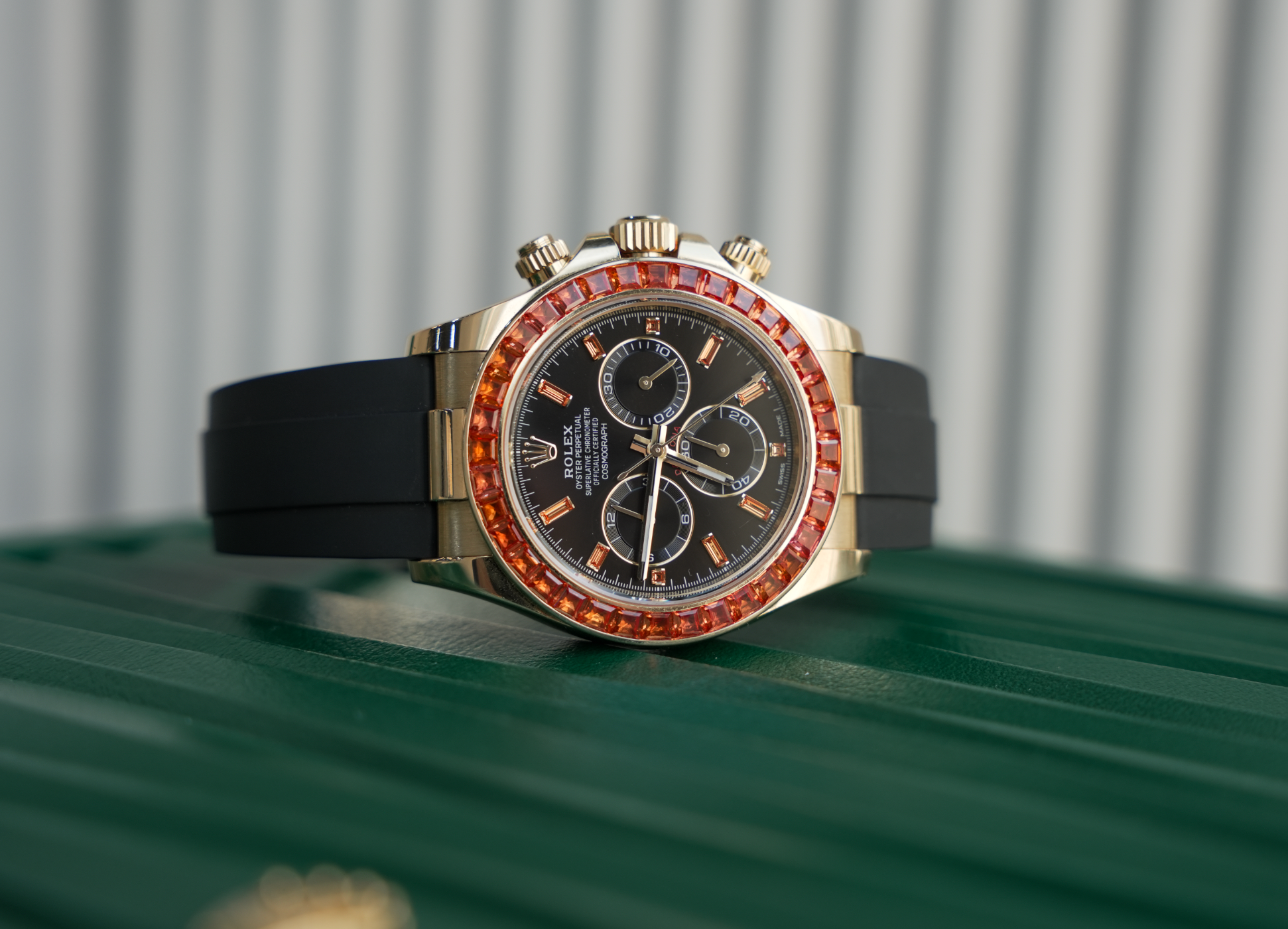 Rolex Daytona 116588SACO Yellow Gold Orange Sapphire Bezel Black Diamond Dial Oysterflex