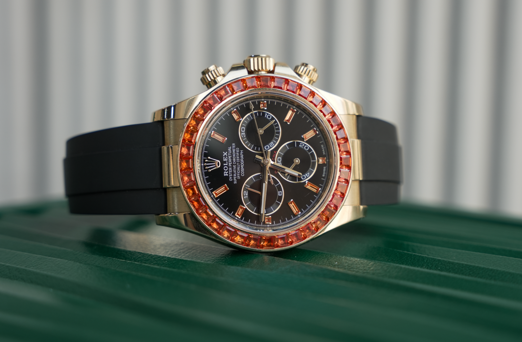Rolex Daytona 116588SACO Yellow Gold Orange Sapphire Bezel Black Diamond Dial Oysterflex