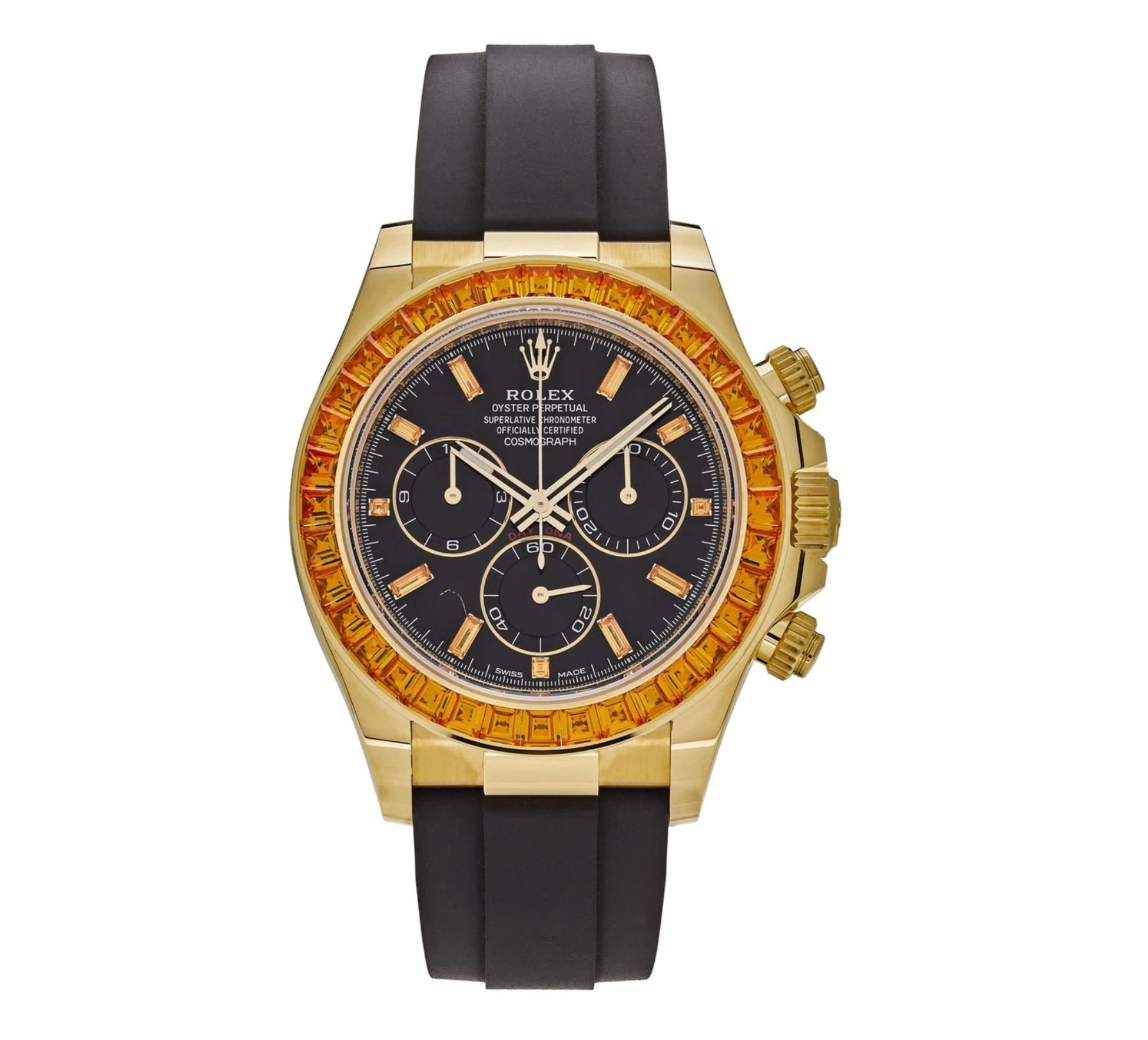 Rolex Daytona 116588SACO Yellow Gold Orange Sapphire Bezel Black Diamond Dial Oysterflex