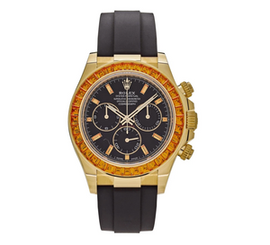 Rolex Daytona 116588SACO Yellow Gold Orange Sapphire Bezel Black Diamond Dial Oysterflex