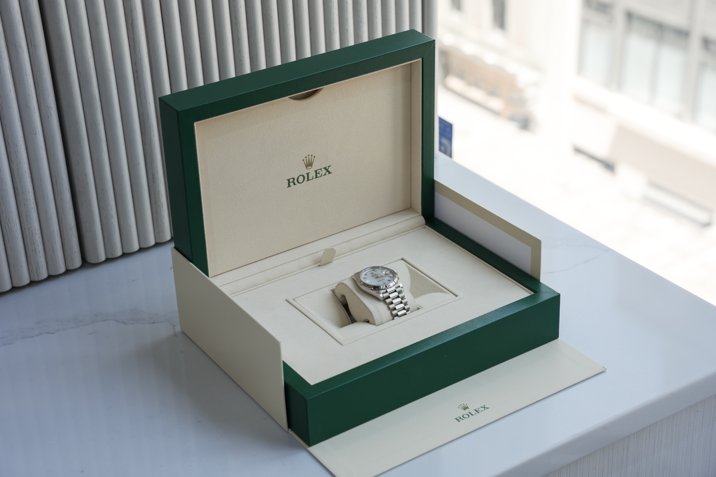 Rolex Day-Date 40 228239, 18k White Gold Case with Mother of Pearl Diamond Dial, President Bracelet