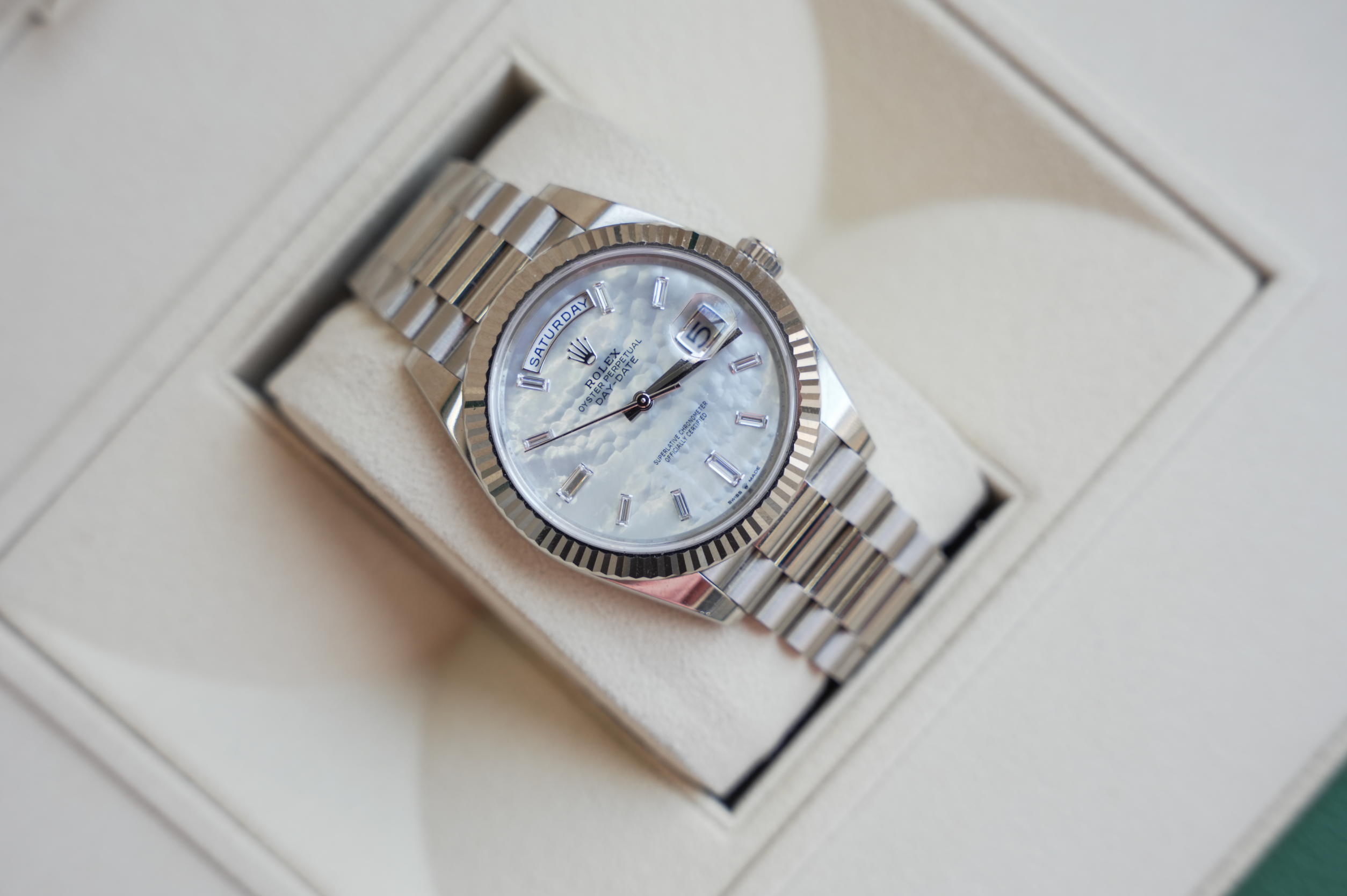 Rolex Day-Date 40 228239, 18k White Gold Case with Mother of Pearl Diamond Dial, President Bracelet