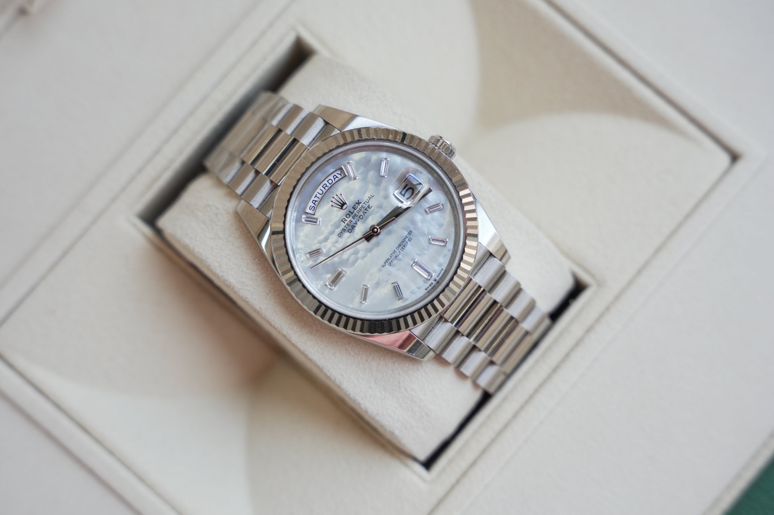 Rolex Day-Date 40 228239, 18k White Gold Case with Mother of Pearl Diamond Dial, President Bracelet