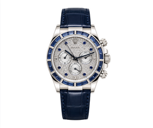 Rolex Cosmograph Daytona 40mm 18K White Gold Blue Sapphire Bezel Diamond Pavé Dial Blue Alligator Strap – Ref. 116589SACI