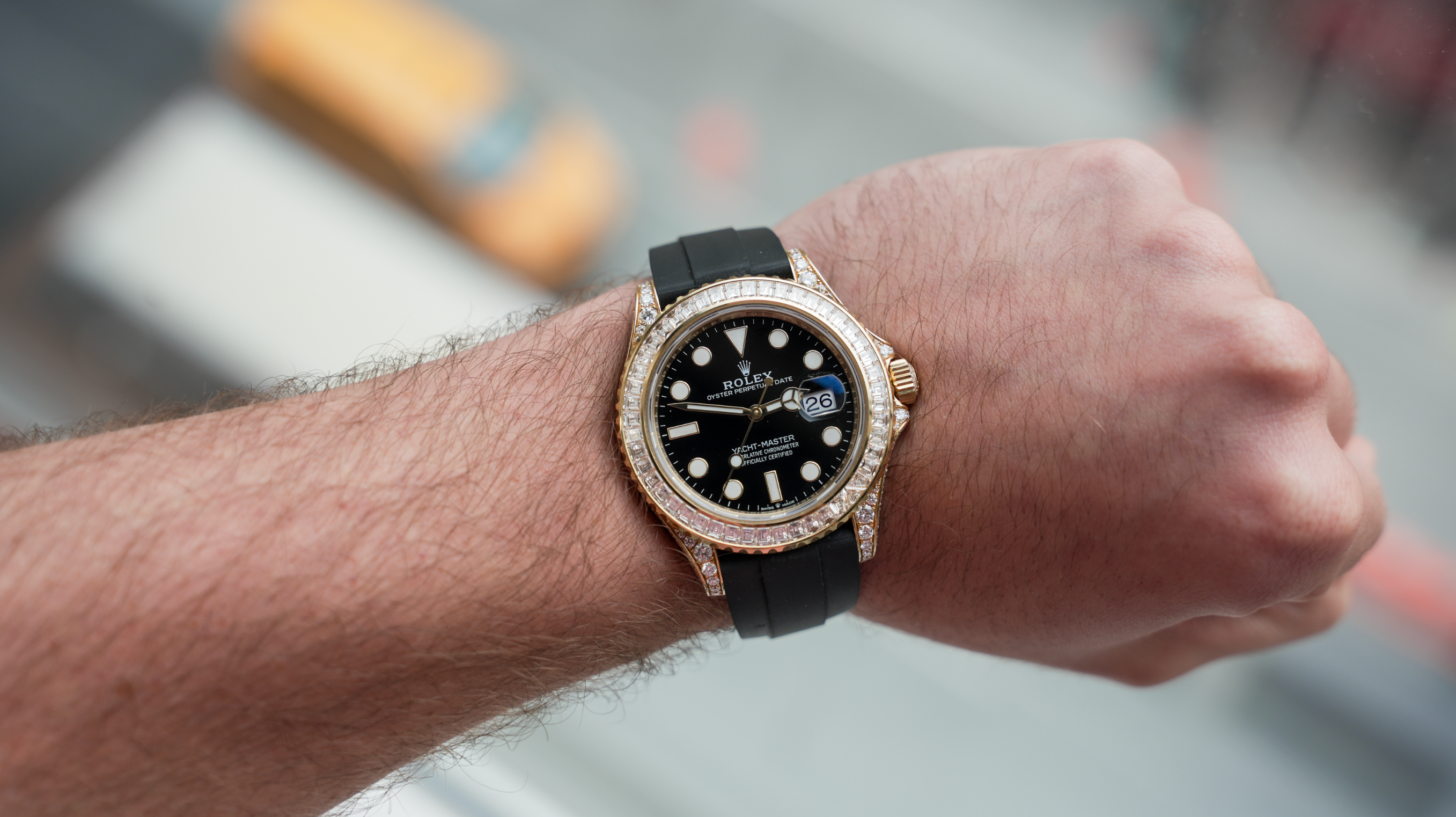 Rolex Yacht-Master 42 18K Yellow Gold Diamond-Set Case Baguette Diamond Bezel Black Dial Oysterflex – Ref. 226668TBR