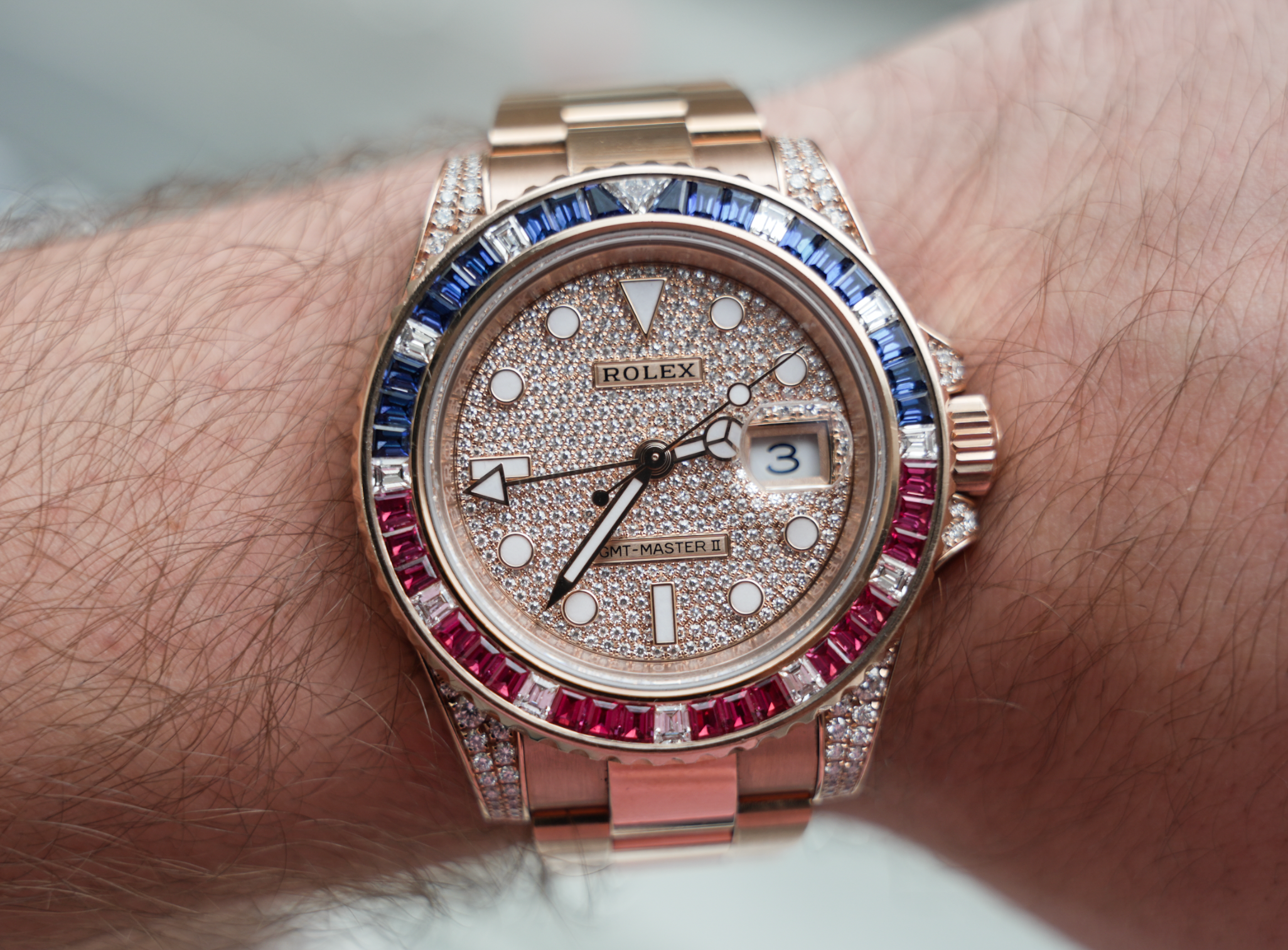 Rolex GMT-Master II “SARU” 40mm 18K Everose Gold Diamond Pavé Dial Sapphire & Ruby Bezel Pavé Oyster Bracelet – Ref. 126755SARU