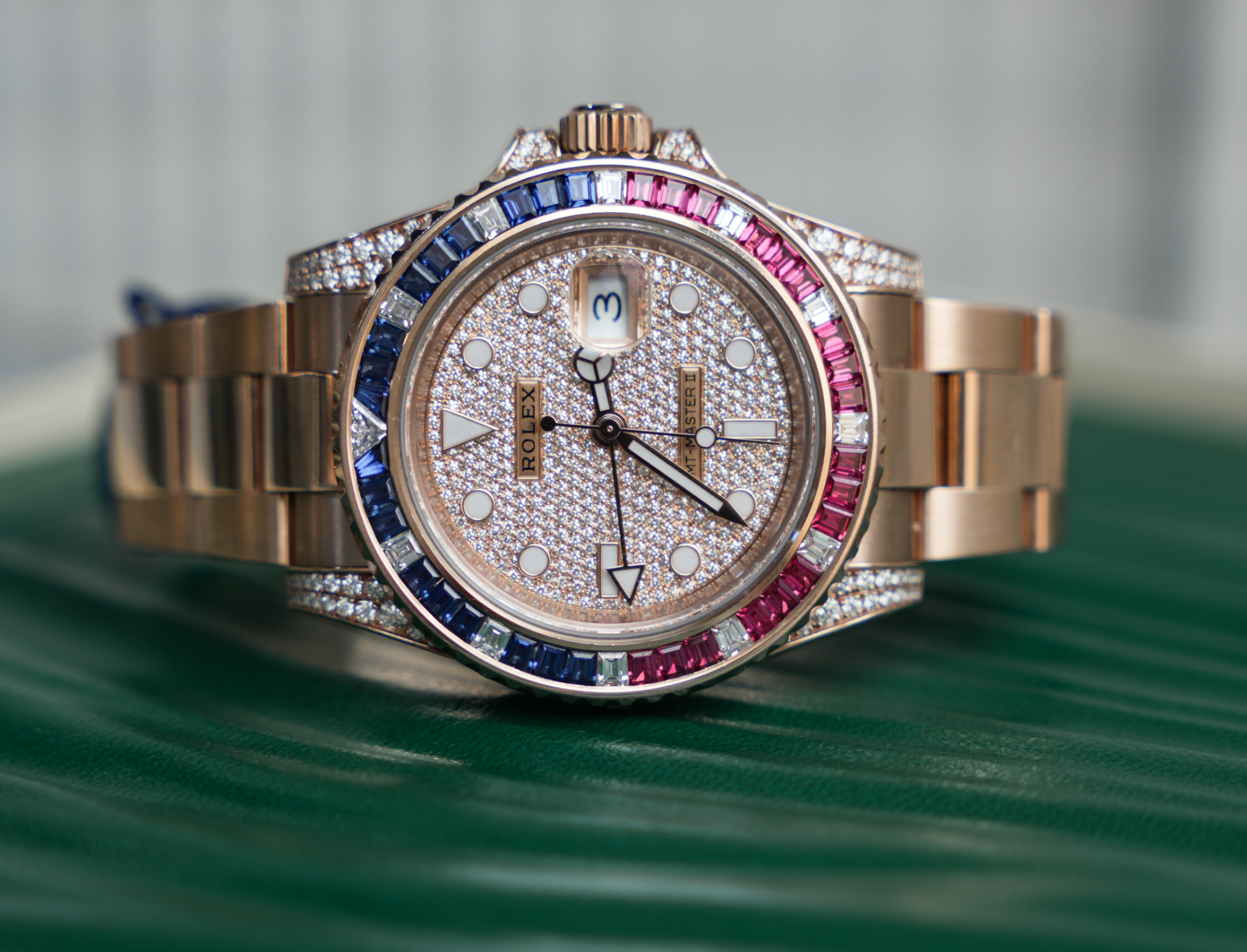 Rolex GMT-Master II “SARU” 40mm 18K Everose Gold Diamond Pavé Dial Sapphire & Ruby Bezel Pavé Oyster Bracelet – Ref. 126755SARU