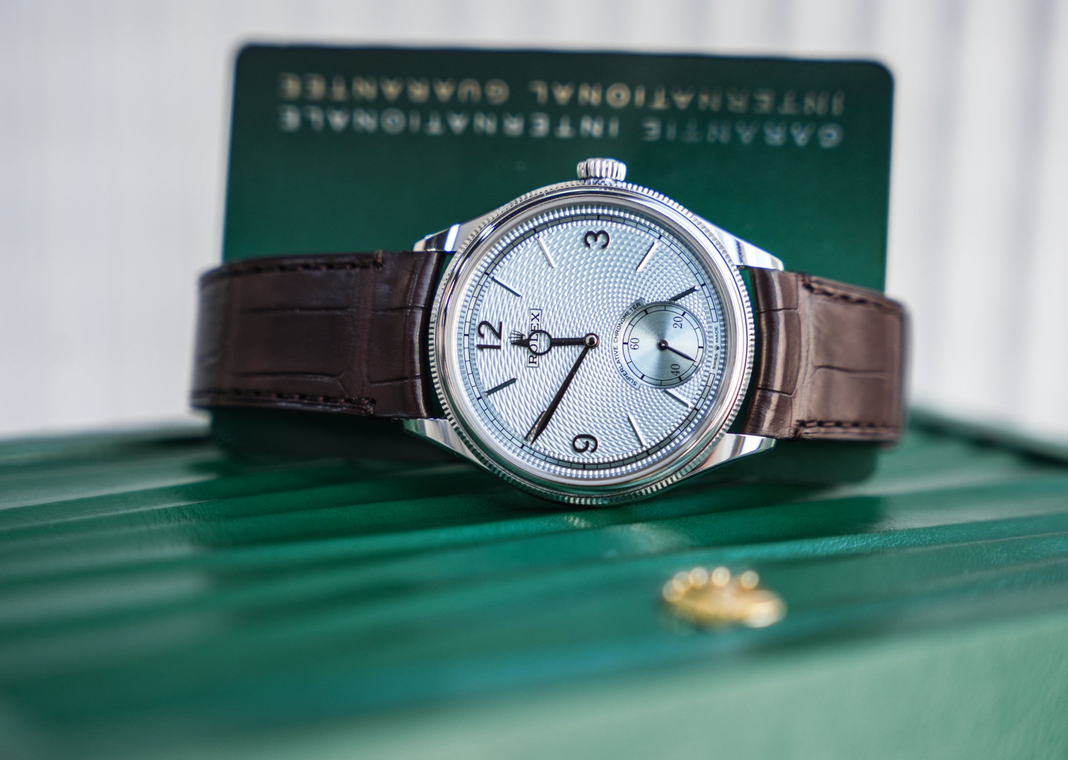 Rolex 1908 52506 Platinum 39mm Ice Blue Rice-Grain Dial Brown Alligator Strap